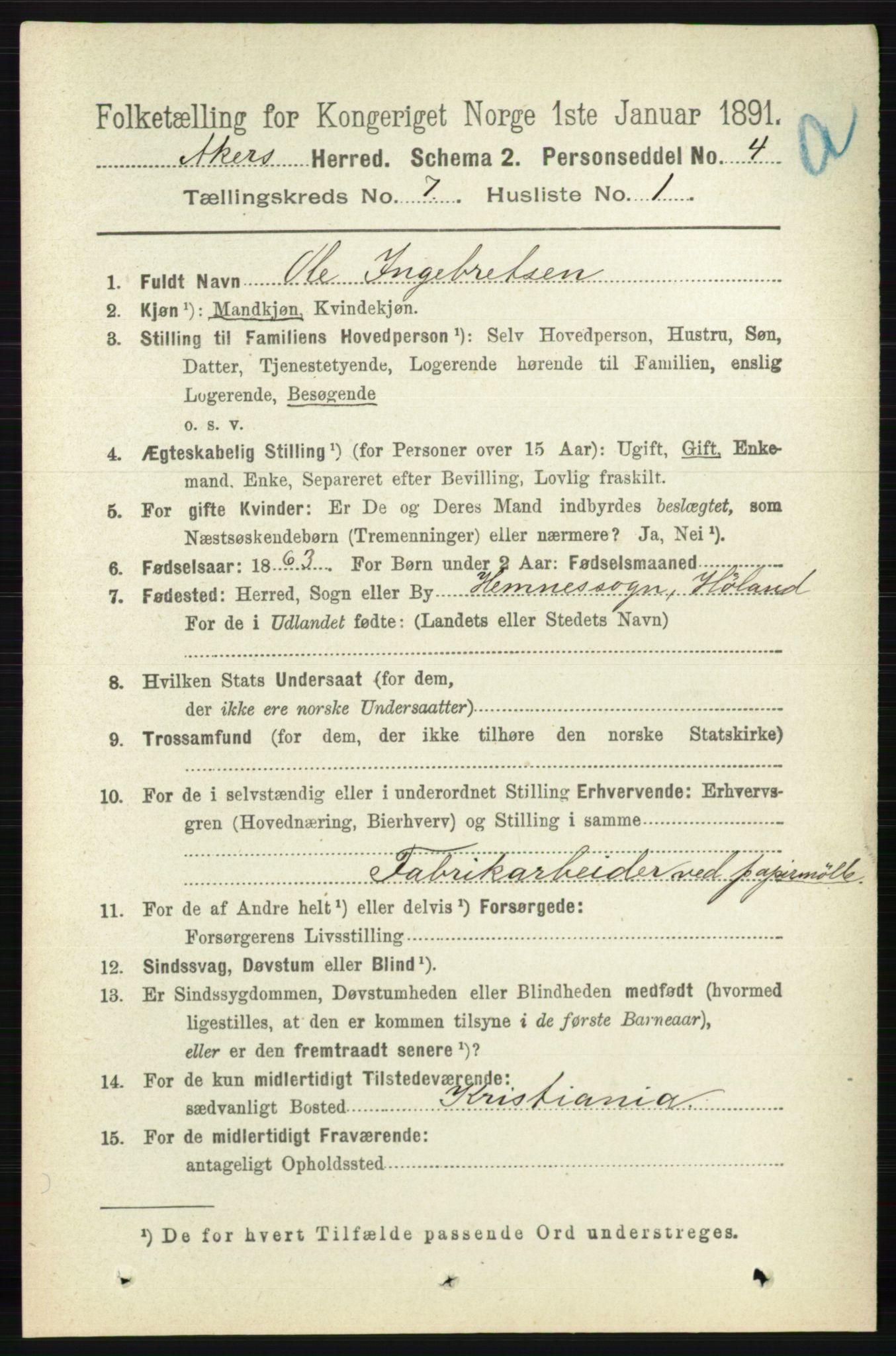 RA, 1891 census for 0218 Aker, 1891, p. 6243