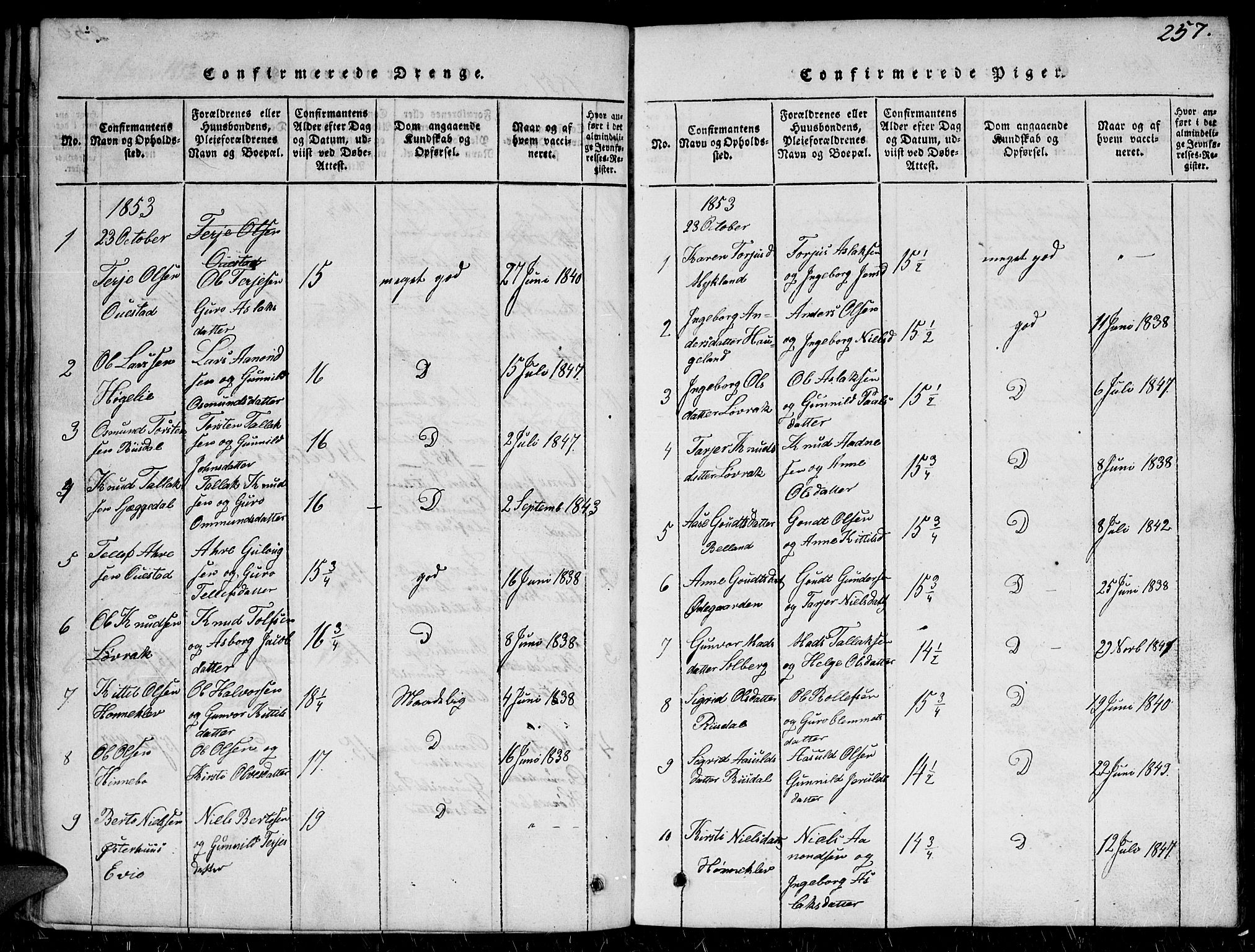 Herefoss sokneprestkontor, AV/SAK-1111-0019/F/Fb/Fbc/L0001: Parish register (copy) no. B 1, 1816-1866, p. 257