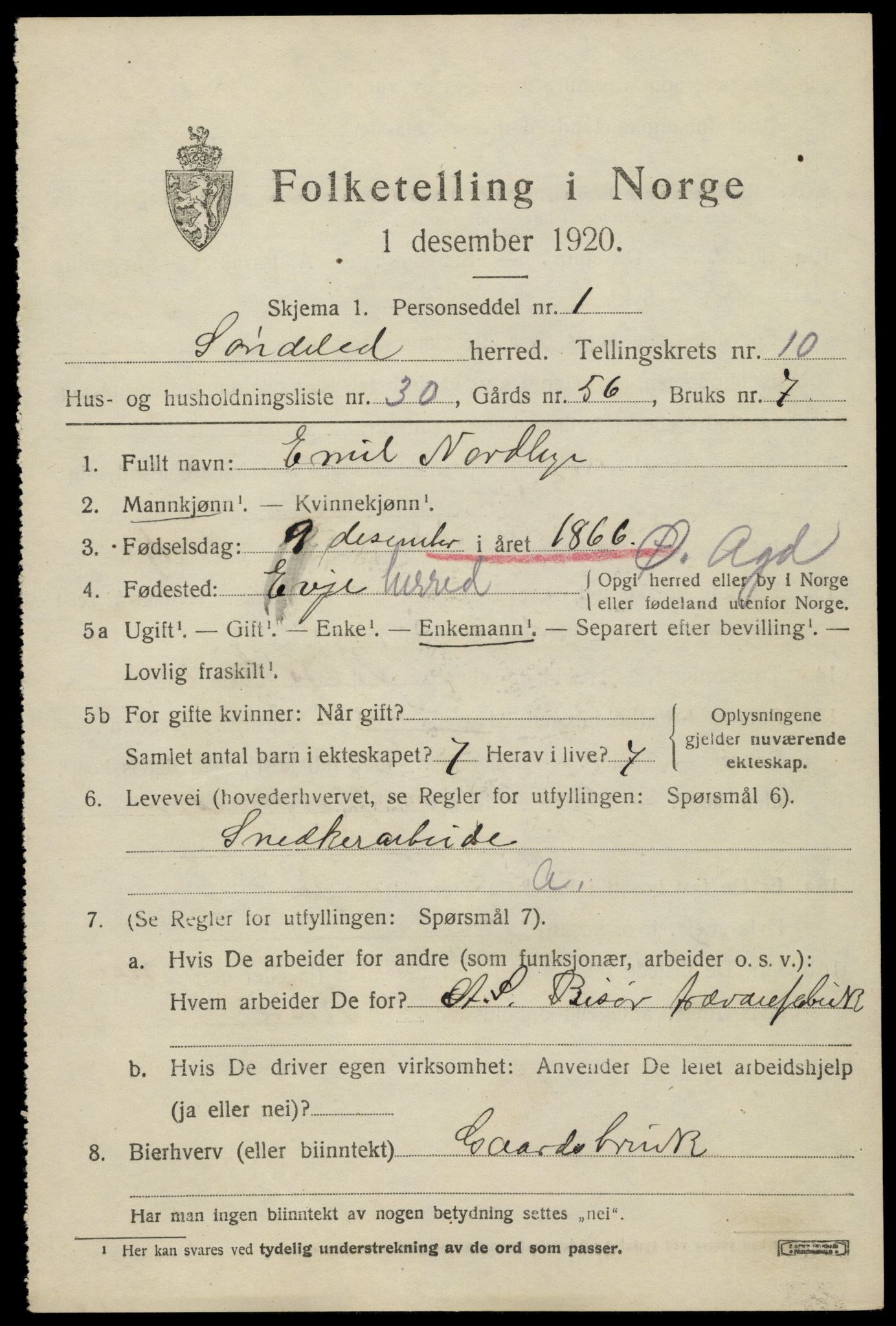 SAK, 1920 census for Søndeled, 1920, p. 5295
