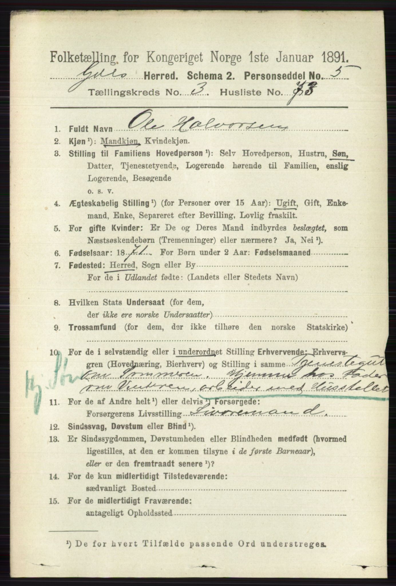 RA, 1891 census for 0617 Gol og Hemsedal, 1891, p. 1706