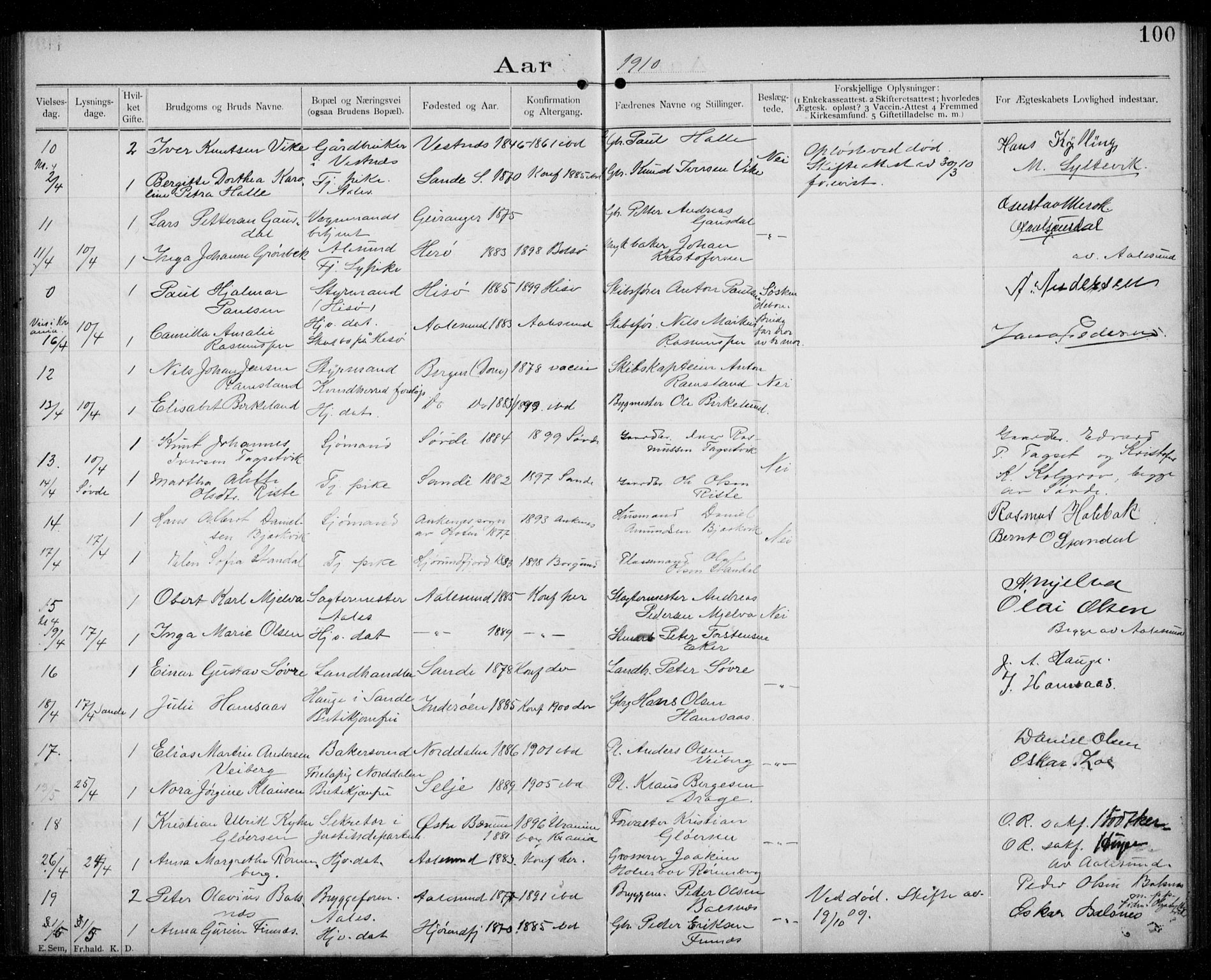 Ministerialprotokoller, klokkerbøker og fødselsregistre - Møre og Romsdal, AV/SAT-A-1454/529/L0458: Banns register no. 529A08, 1901-1918, p. 100