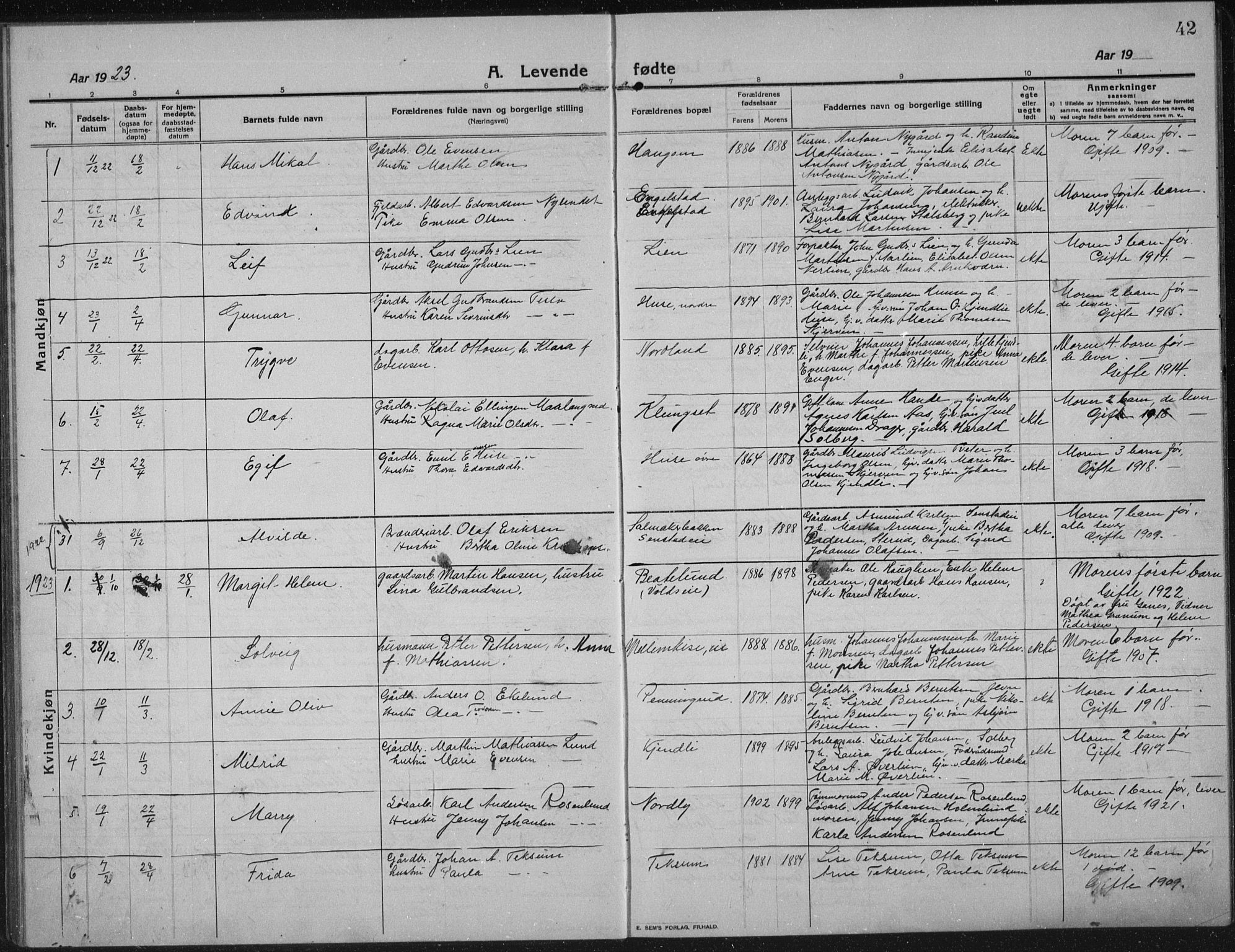 Nes prestekontor, Hedmark, AV/SAH-PREST-020/L/La/L0009: Parish register (copy) no. 9, 1913-1936, p. 42