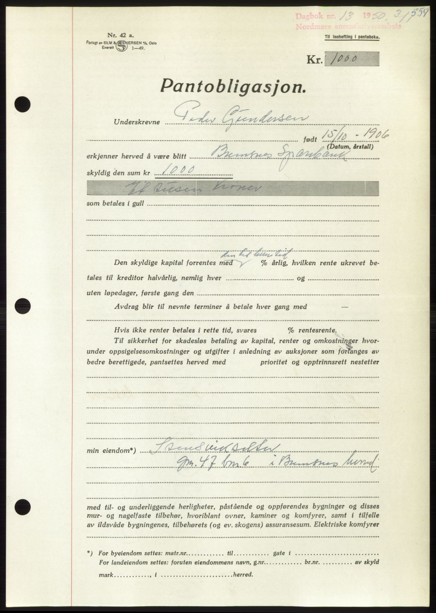 Nordmøre sorenskriveri, AV/SAT-A-4132/1/2/2Ca: Mortgage book no. B103, 1949-1950, Diary no: : 13/1950