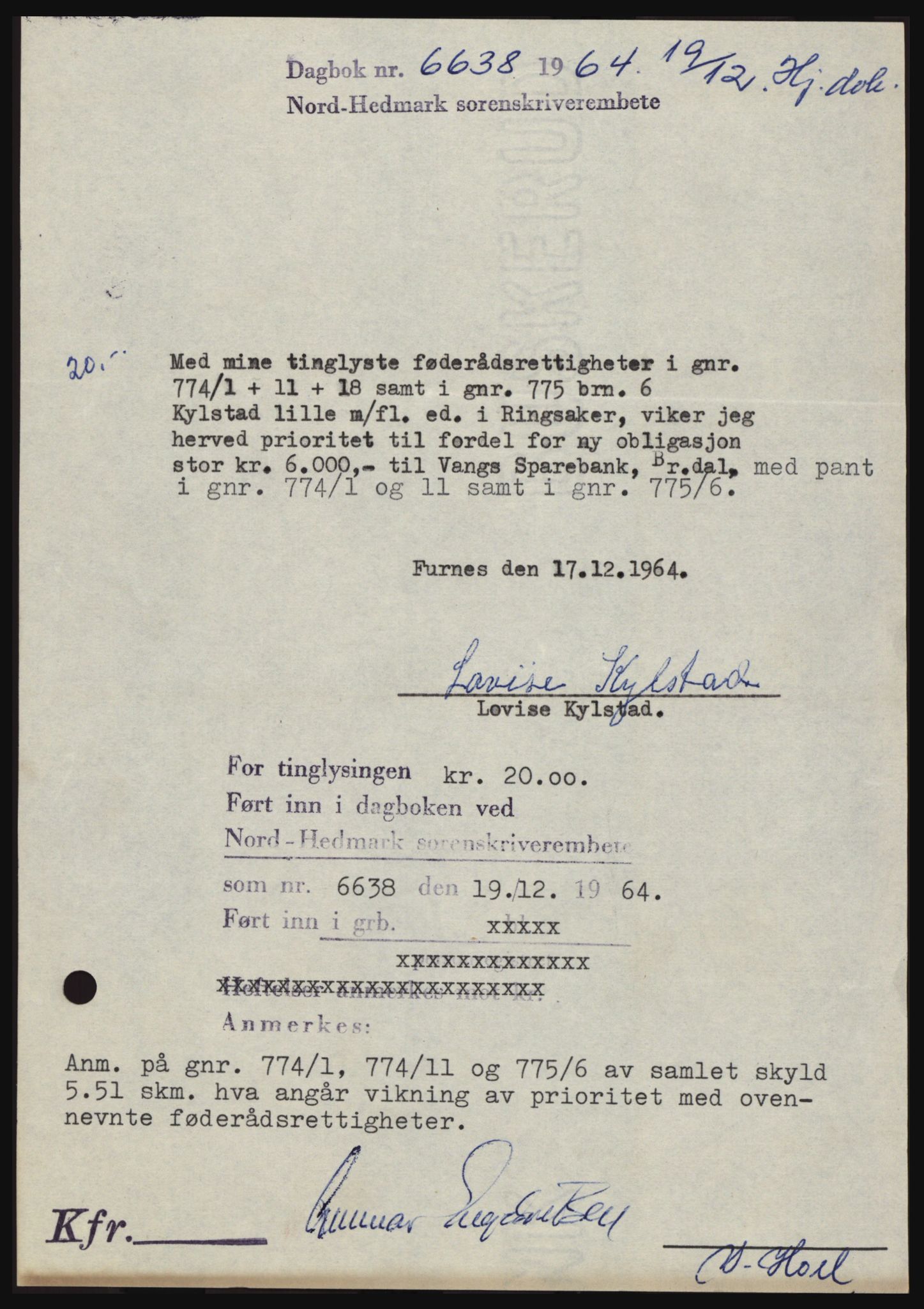 Nord-Hedmark sorenskriveri, SAH/TING-012/H/Hc/L0021: Mortgage book no. 21, 1964-1965, Diary no: : 6638/1964
