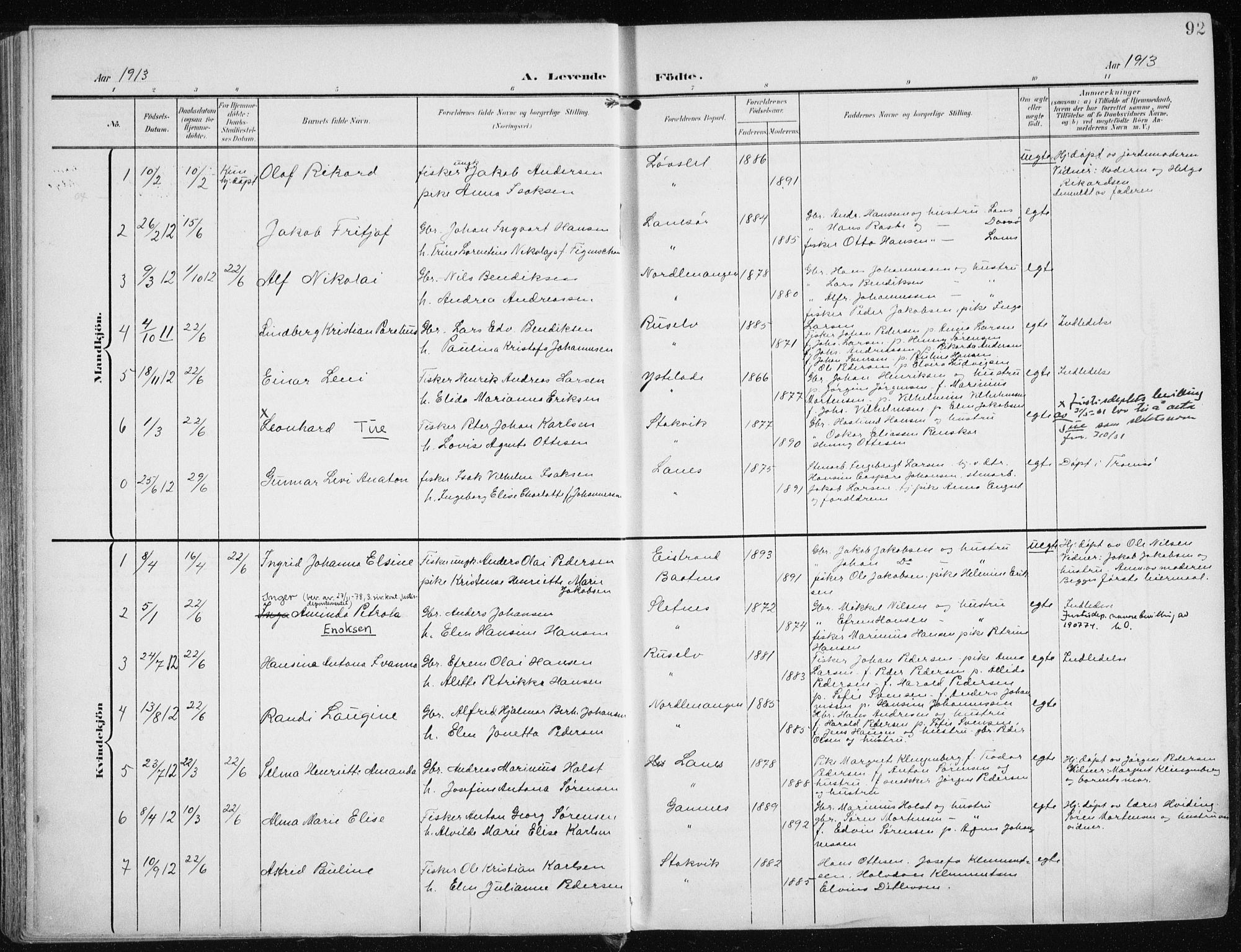 Karlsøy sokneprestembete, SATØ/S-1299/H/Ha/Haa/L0014kirke: Parish register (official) no. 14, 1903-1917, p. 92