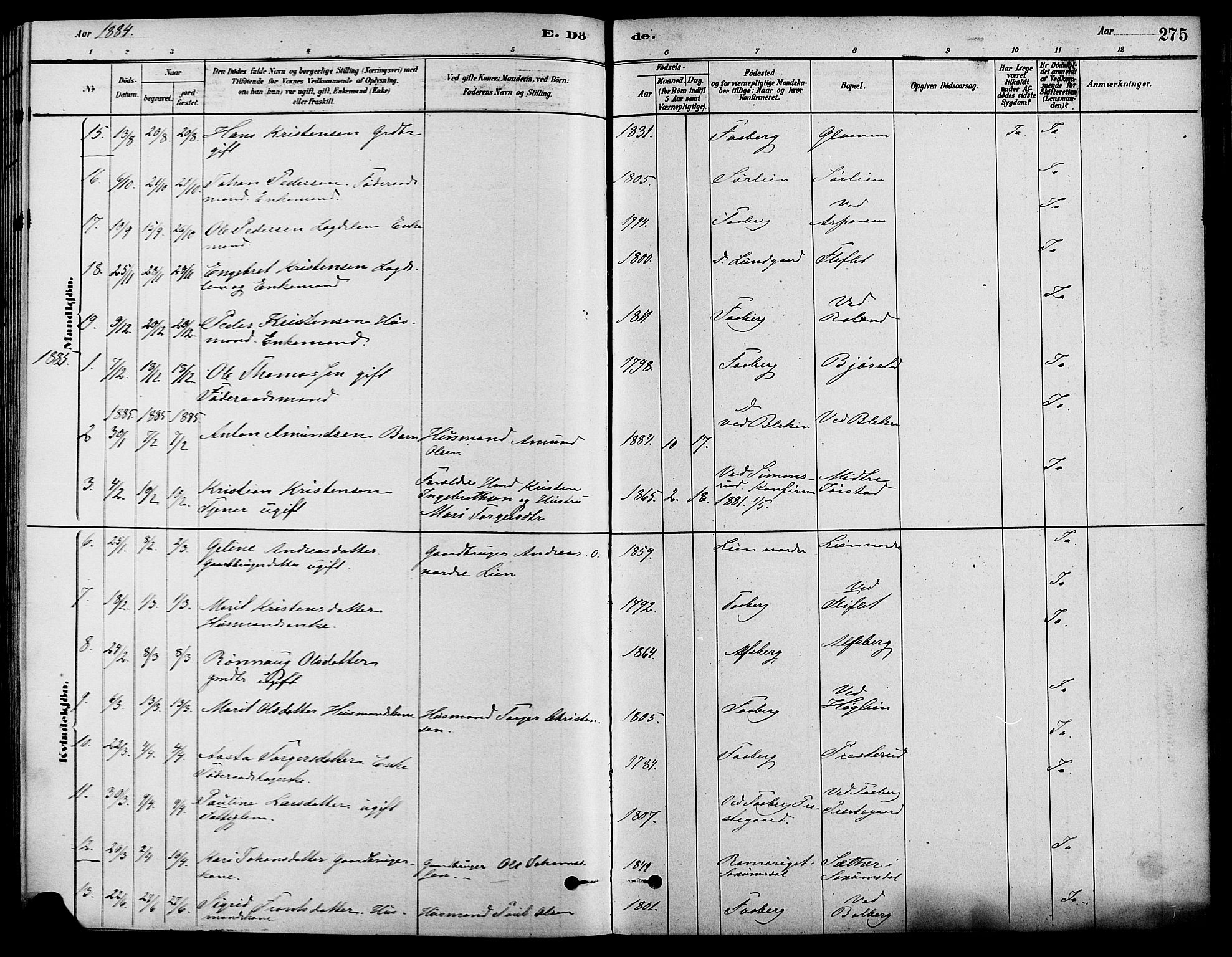 Fåberg prestekontor, SAH/PREST-086/H/Ha/Haa/L0008: Parish register (official) no. 8, 1879-1898, p. 275