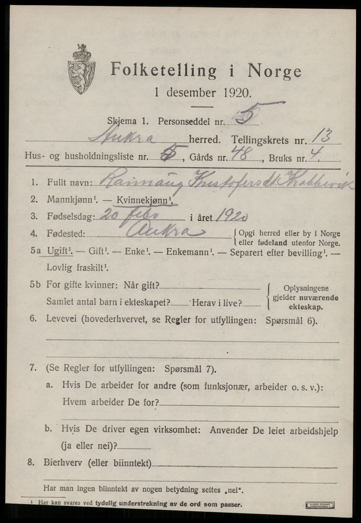 SAT, 1920 census for Aukra, 1920, p. 5573