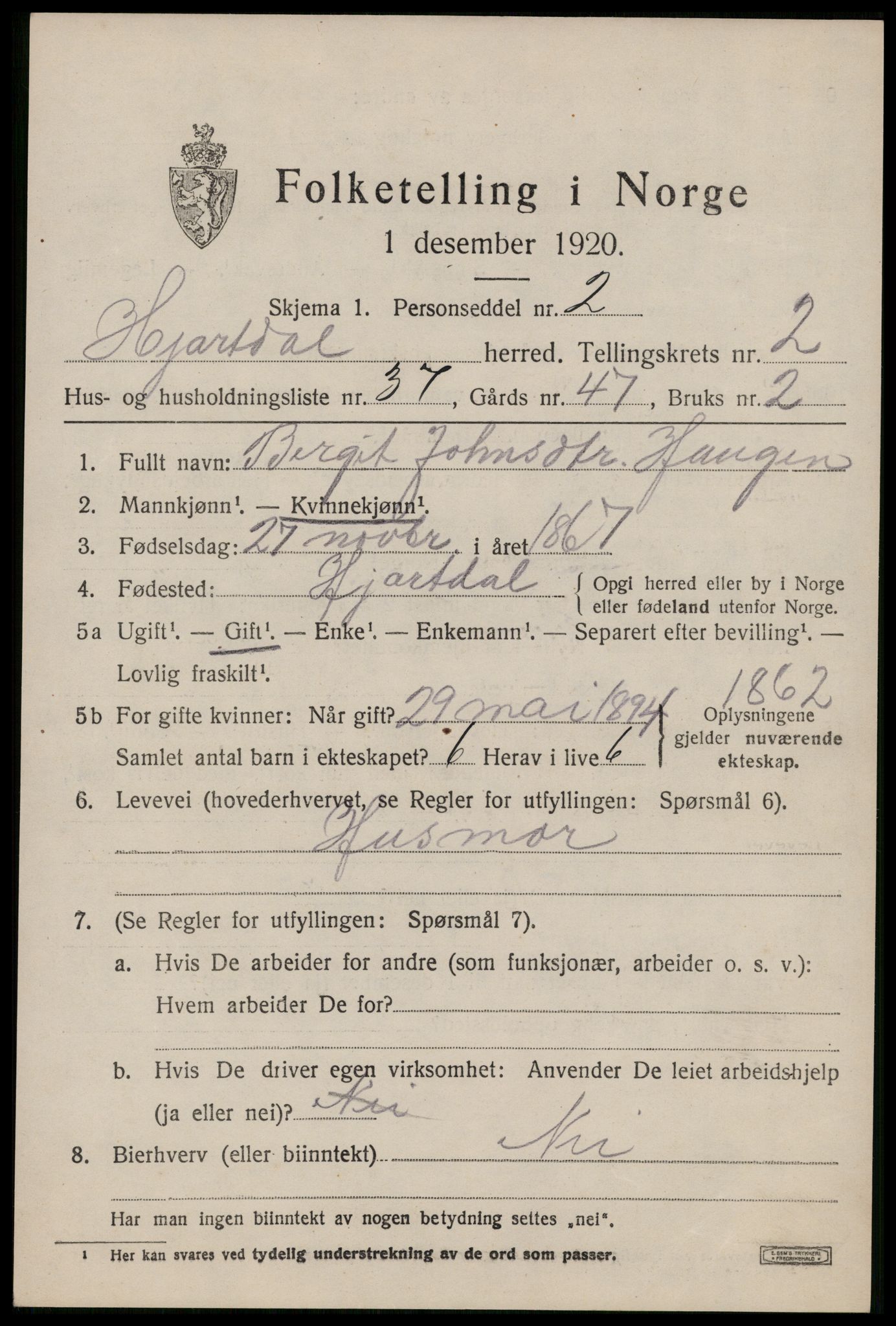 SAKO, 1920 census for Hjartdal, 1920, p. 2210