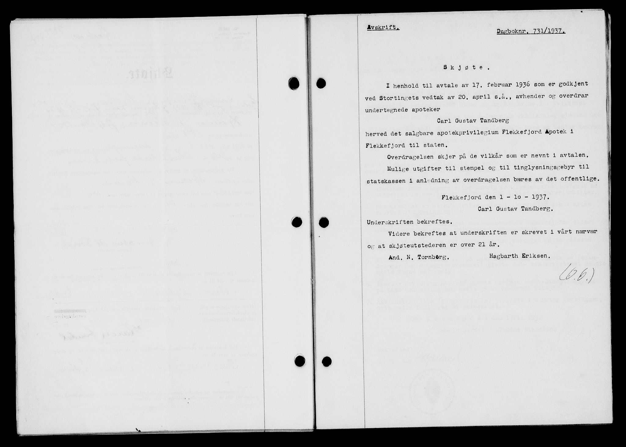 Flekkefjord sorenskriveri, SAK/1221-0001/G/Gb/Gba/L0054: Mortgage book no. A-2, 1937-1938, Diary no: : 731/1937