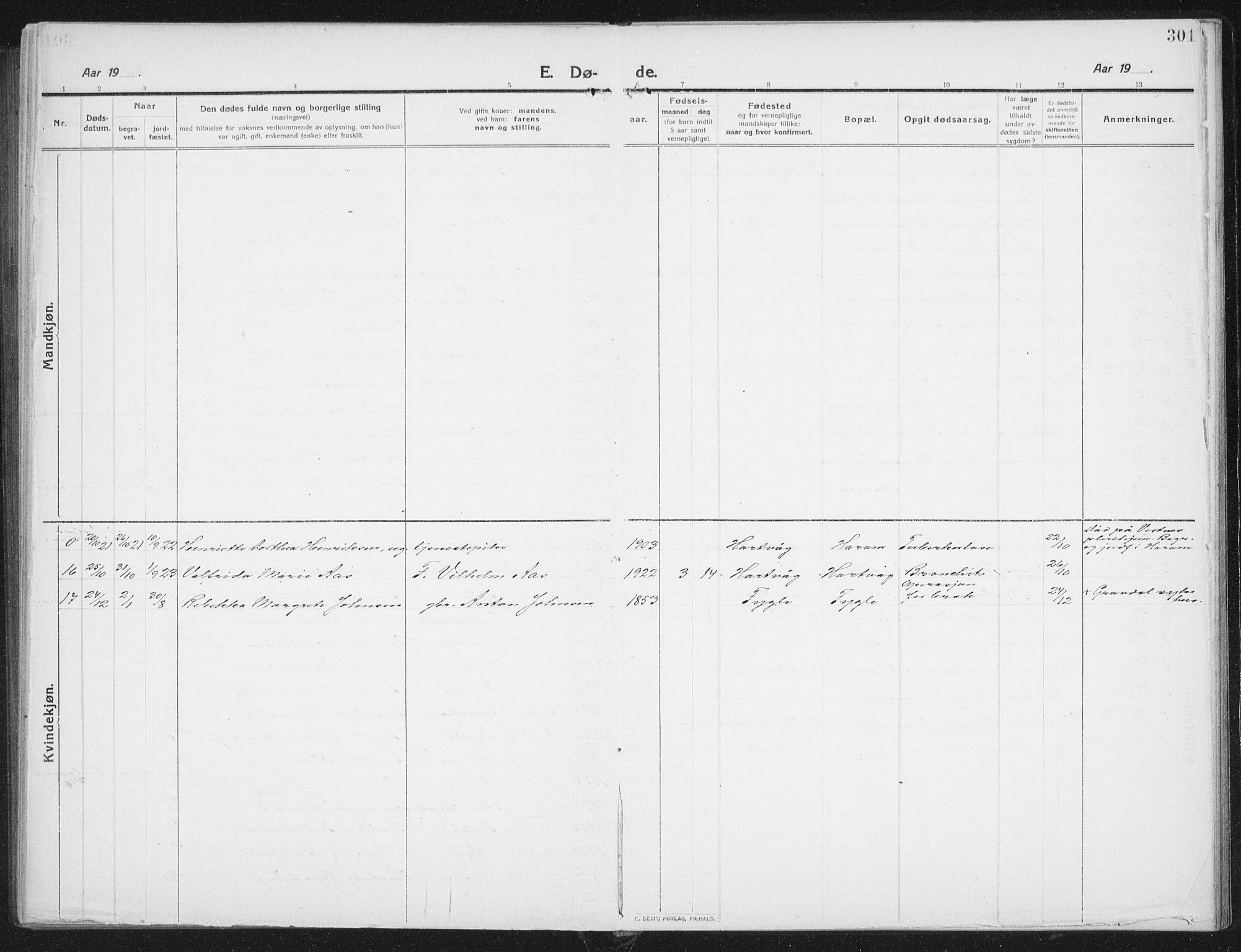 Ministerialprotokoller, klokkerbøker og fødselsregistre - Nordland, AV/SAT-A-1459/882/L1183: Parish register (copy) no. 882C01, 1911-1938, p. 301