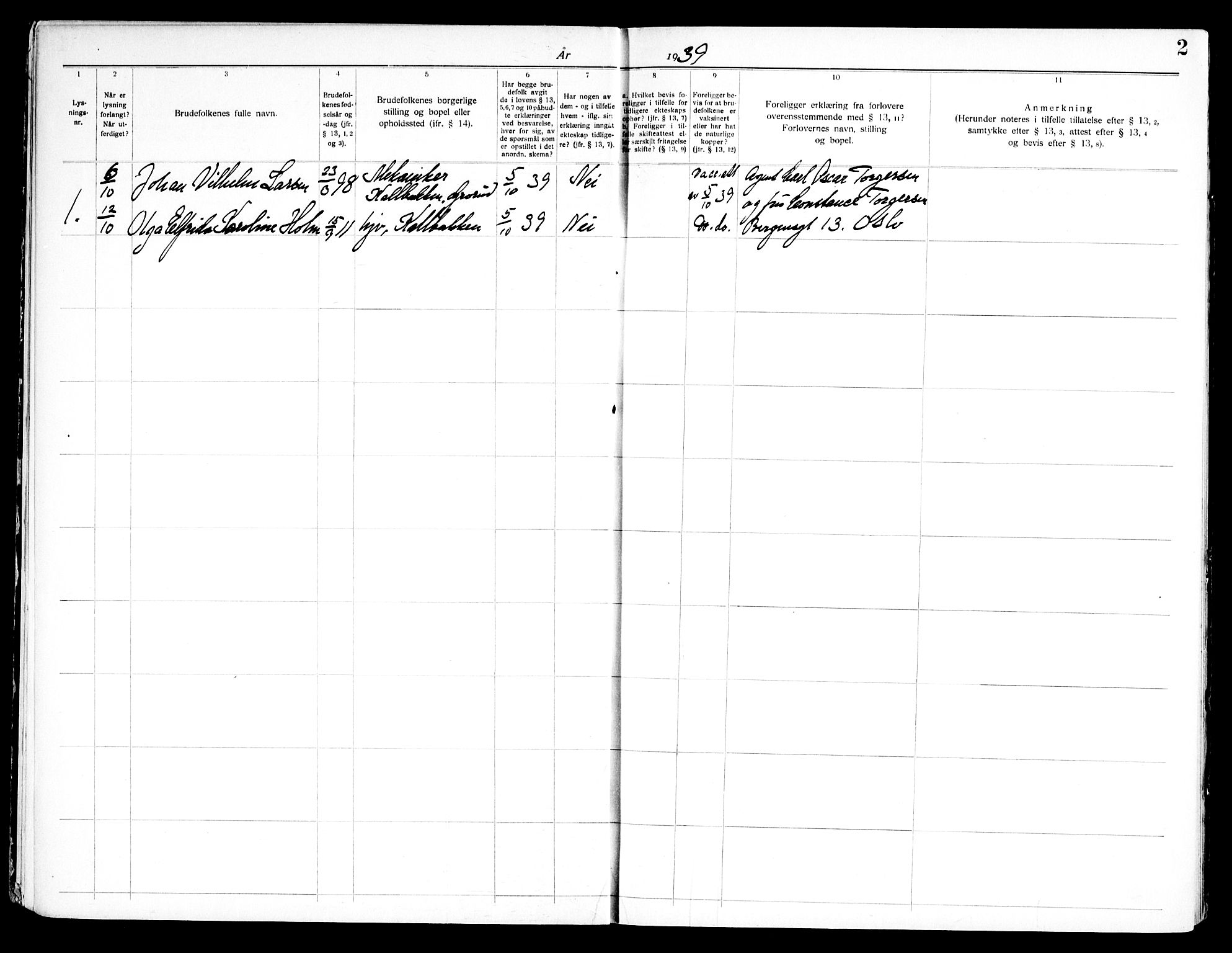Rikshospitalet prestekontor Kirkebøker, SAO/A-10309b/H/L0001: Banns register no. 1, 1937-1969, p. 2