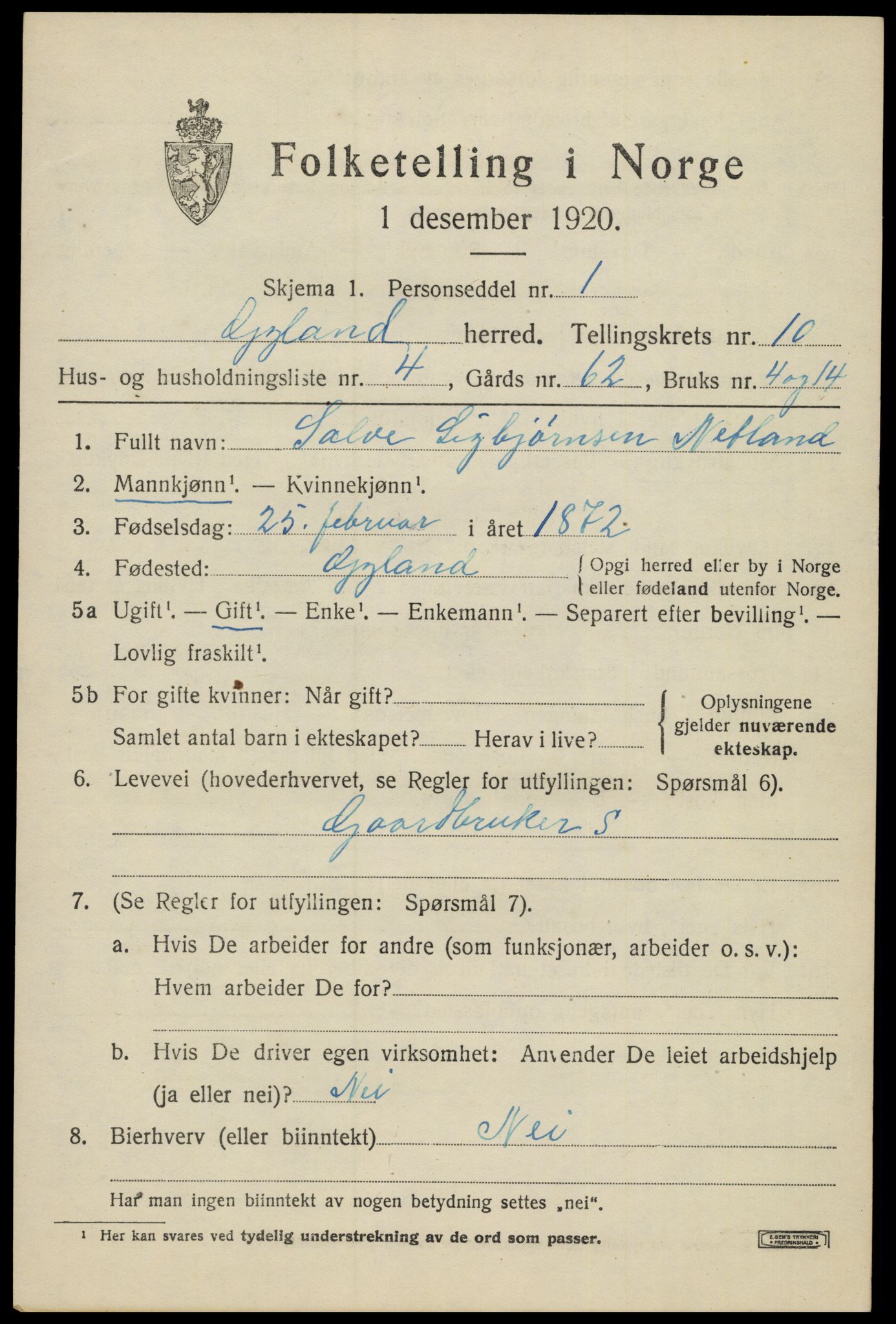 SAK, 1920 census for Gyland, 1920, p. 2204