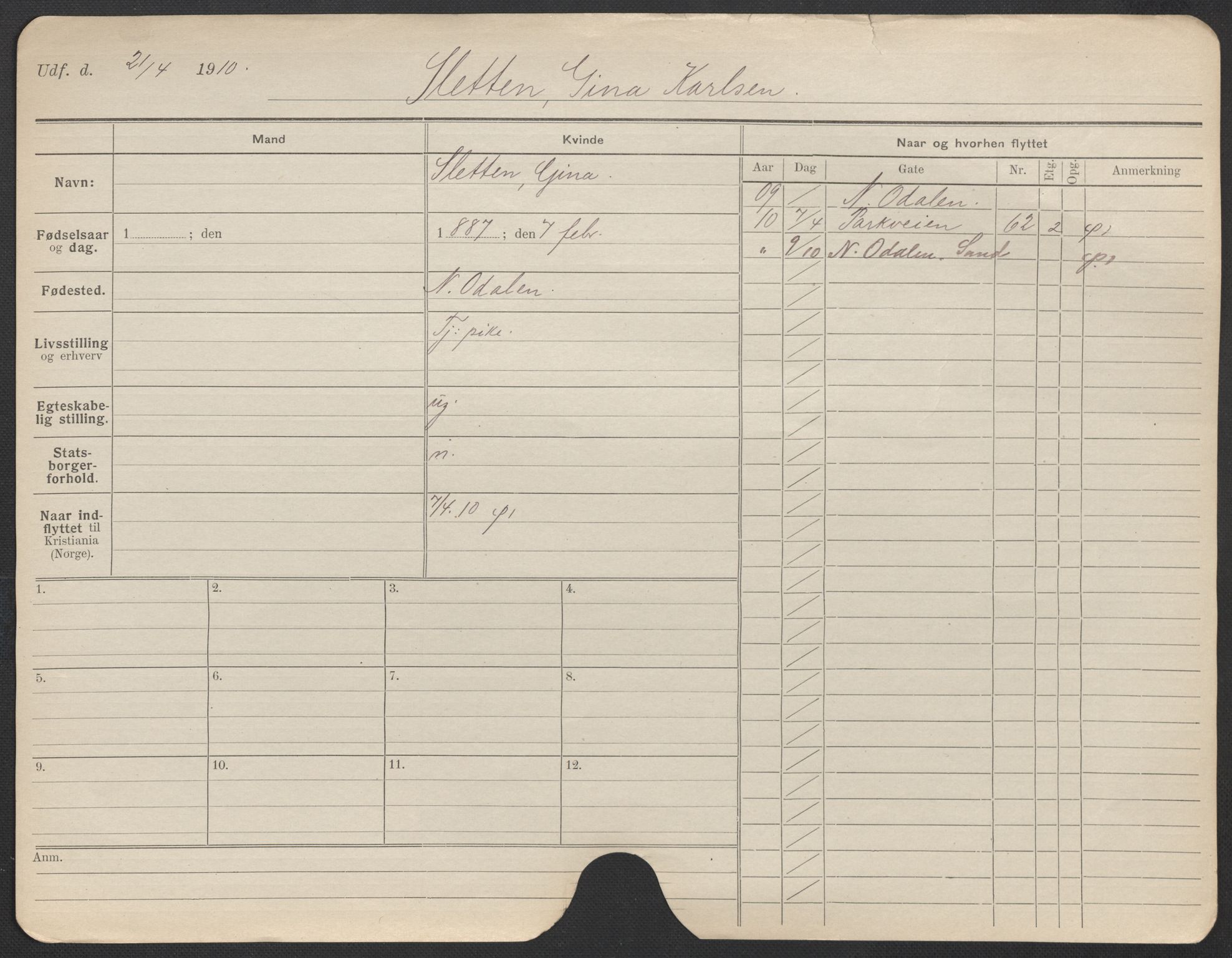 Oslo folkeregister, Registerkort, AV/SAO-A-11715/F/Fa/Fac/L0024: Kvinner, 1906-1914, p. 12a