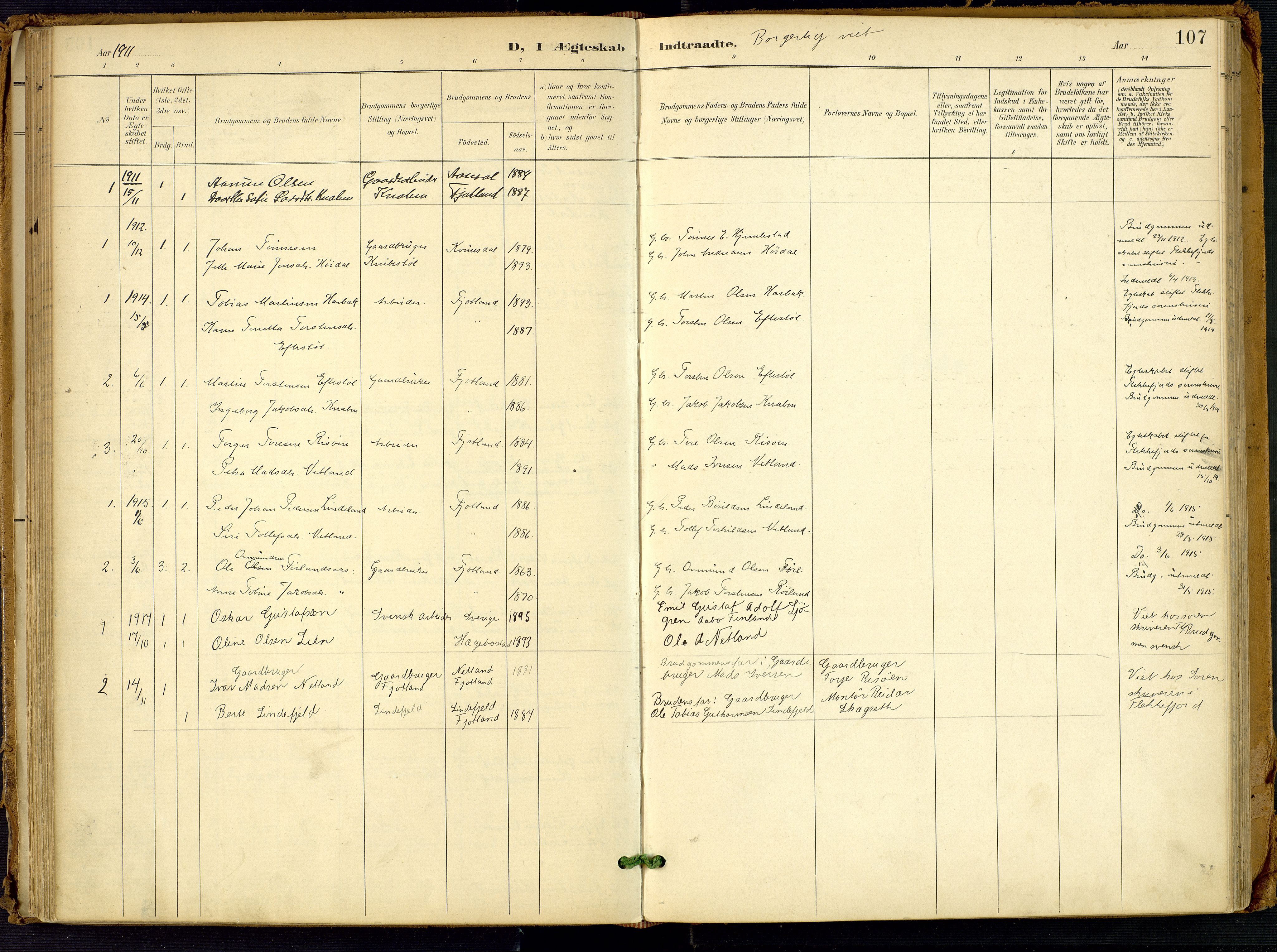 Fjotland sokneprestkontor, AV/SAK-1111-0010/F/Fa/L0003: Parish register (official) no. A 3, 1899-1917, p. 107