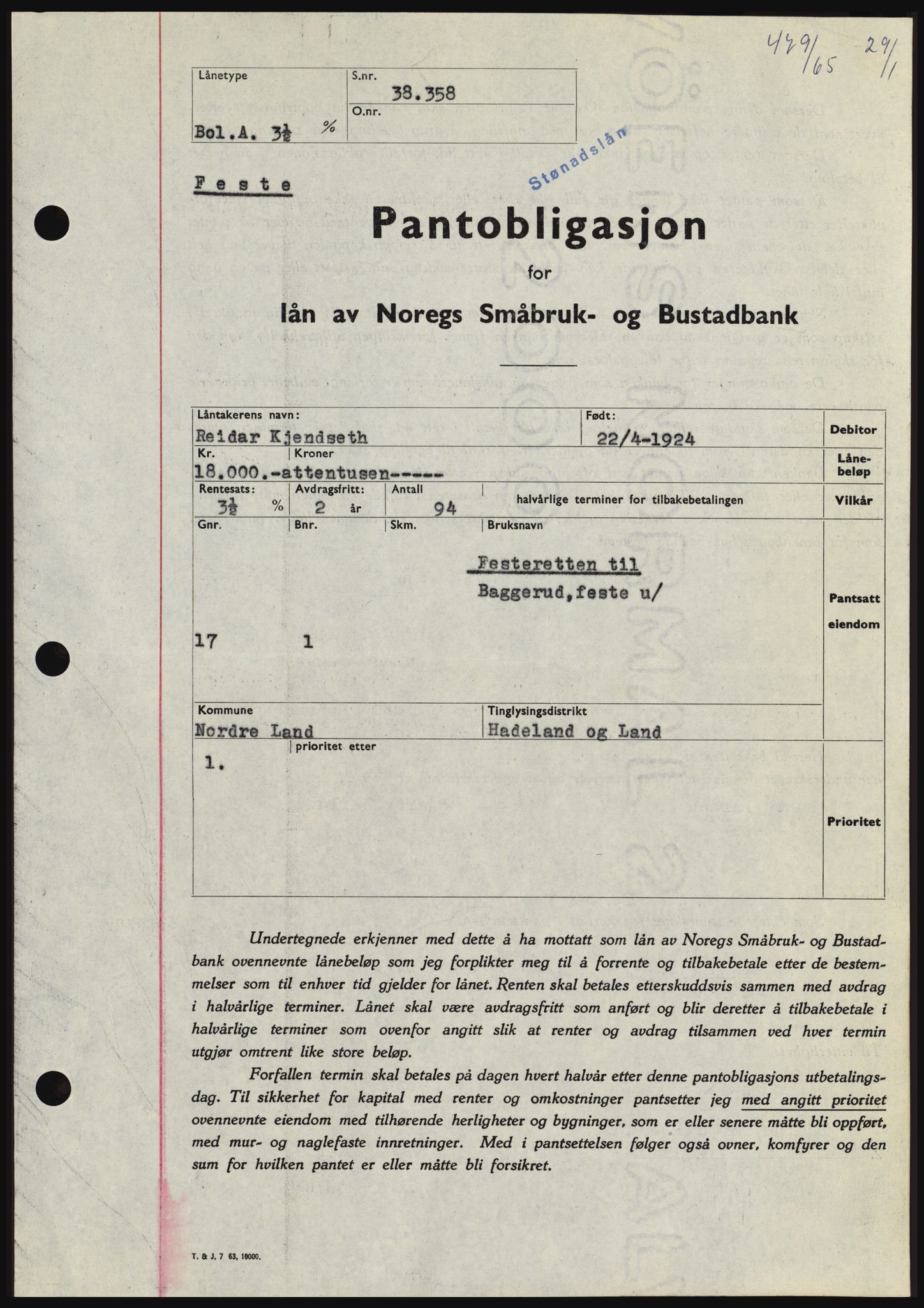 Hadeland og Land tingrett, AV/SAH-TING-010/H/Hb/Hbc/L0057: Mortgage book no. B57, 1964-1965, Diary no: : 479/1965