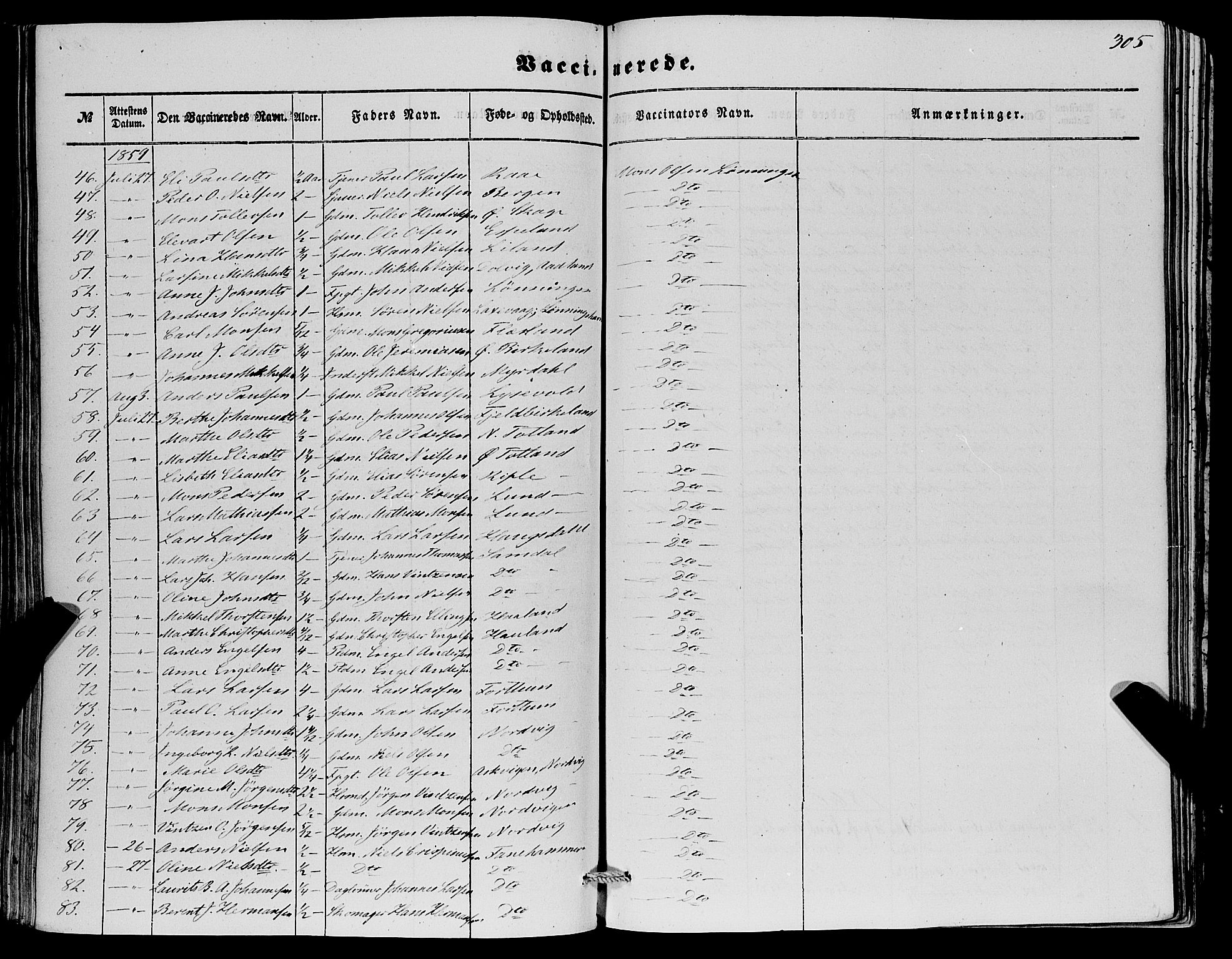 Fana Sokneprestembete, SAB/A-75101/H/Haa/Haaa/L0011: Parish register (official) no. A 11, 1851-1862, p. 305