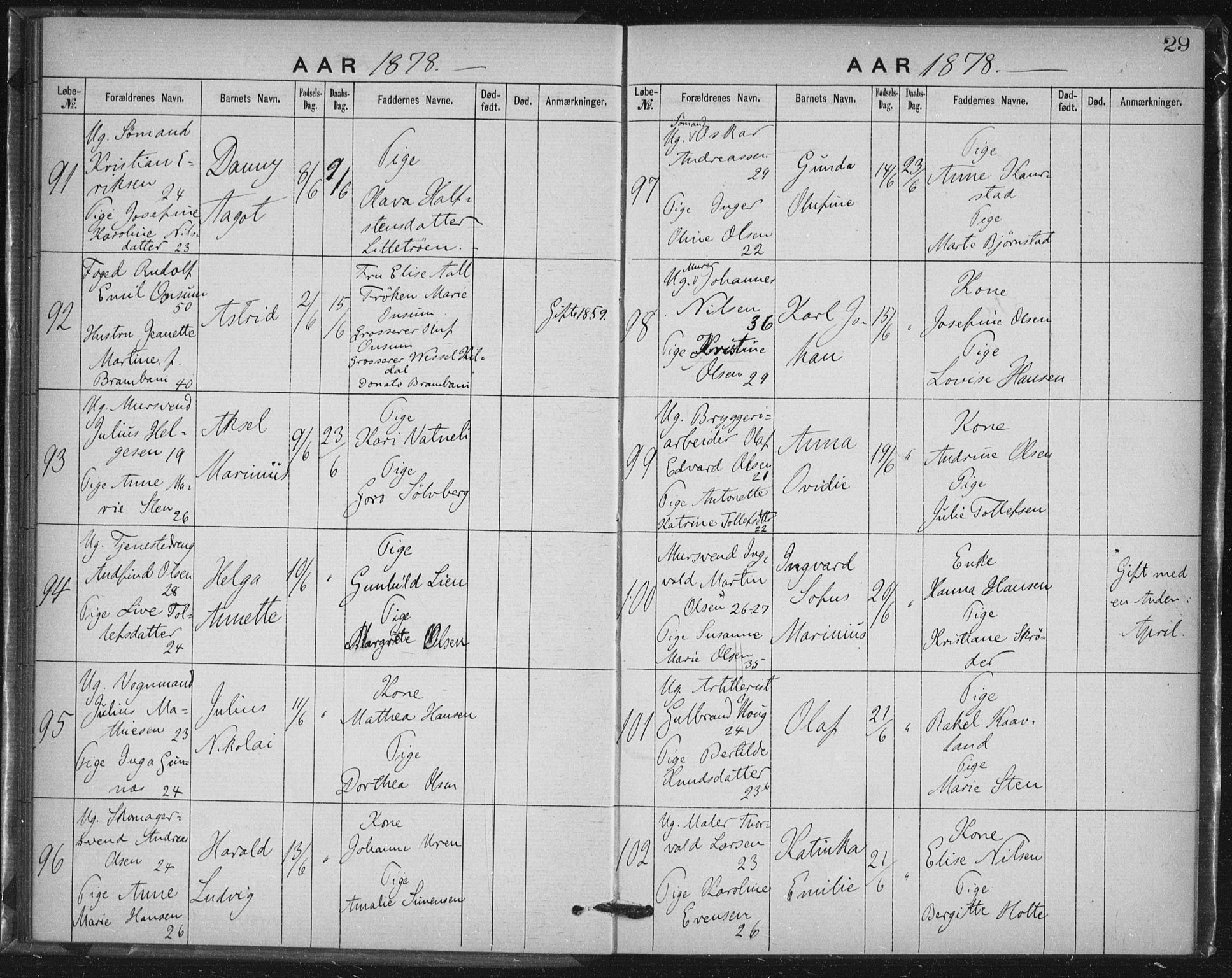 Rikshospitalet prestekontor Kirkebøker, SAO/A-10309b/K/L0003/0001: Baptism register no. 3.1, 1877-1884, p. 29