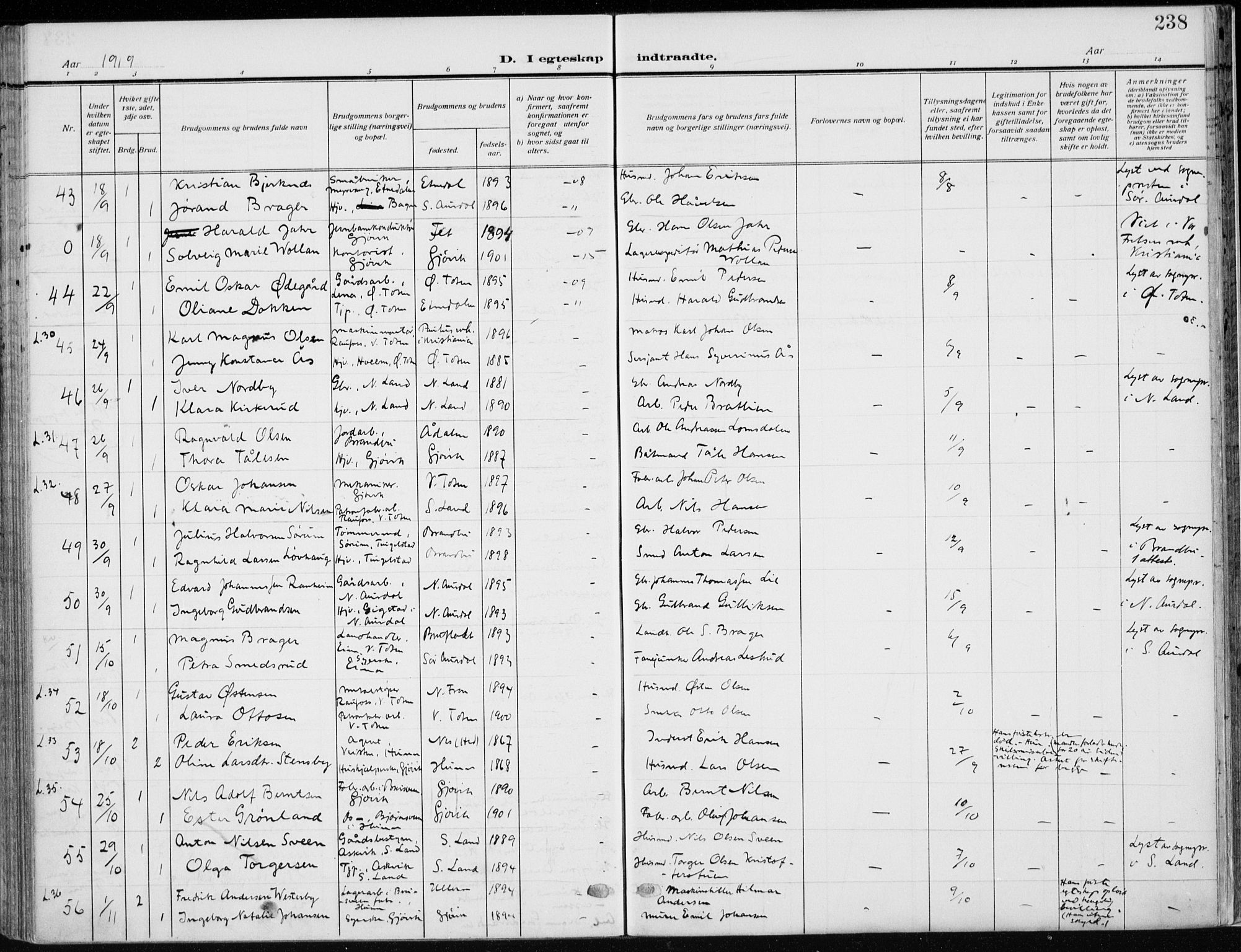 Vardal prestekontor, AV/SAH-PREST-100/H/Ha/Haa/L0014: Parish register (official) no. 14, 1912-1922, p. 238