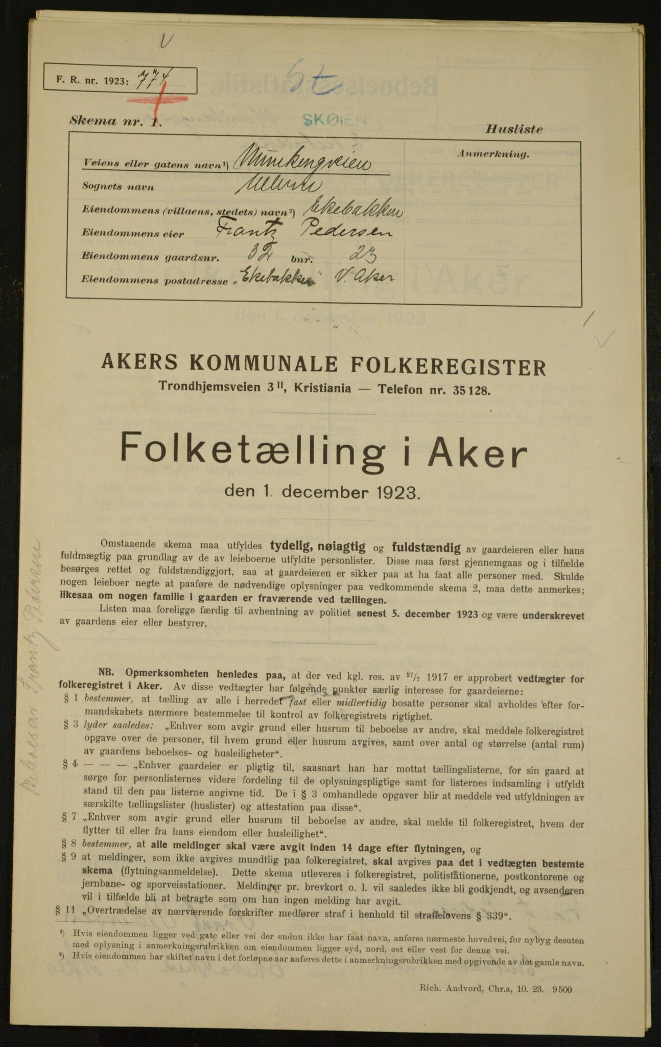 , Municipal Census 1923 for Aker, 1923, p. 4752