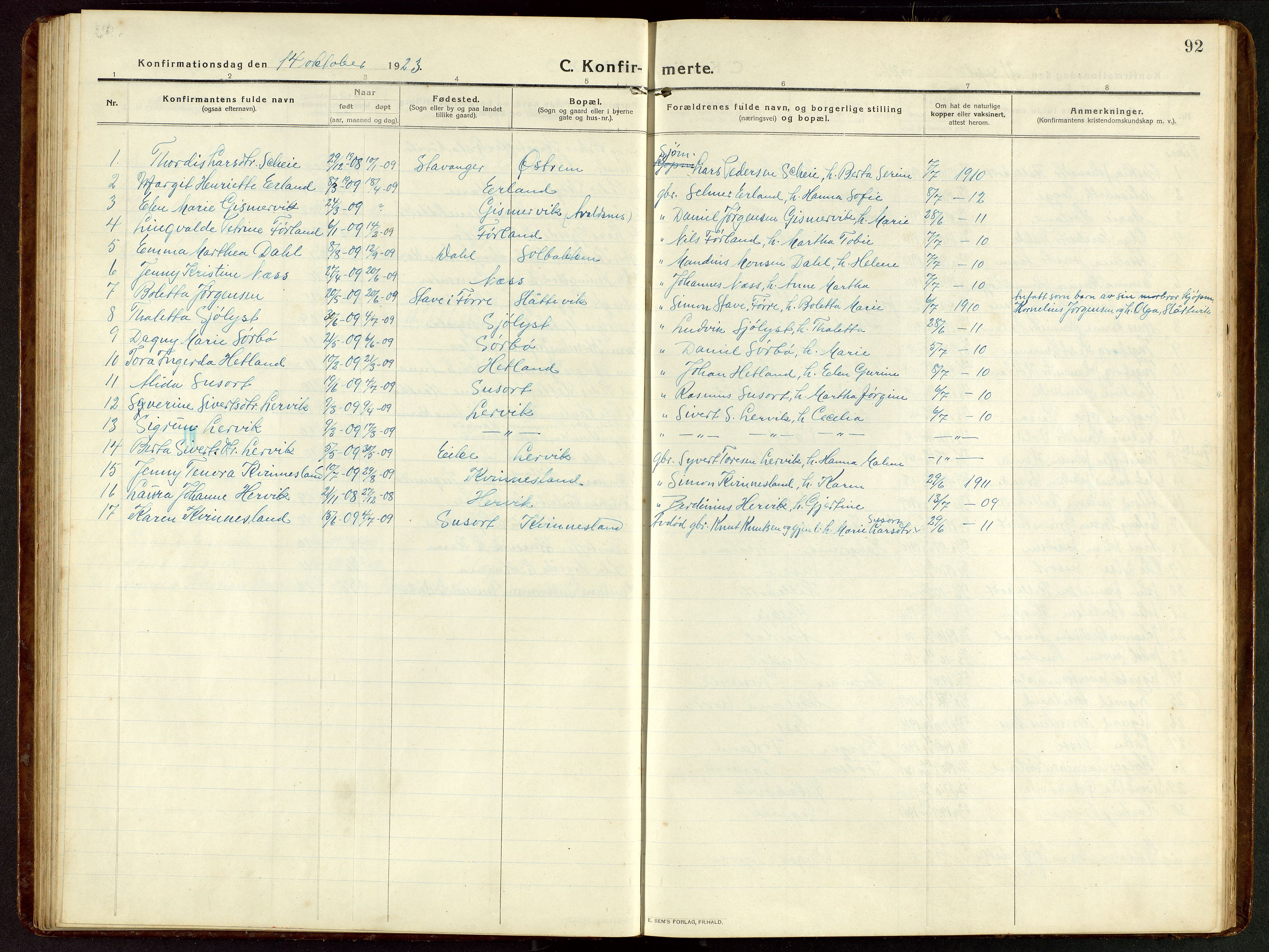 Tysvær sokneprestkontor, AV/SAST-A -101864/H/Ha/Hab/L0011: Parish register (copy) no. B 11, 1913-1946, p. 92