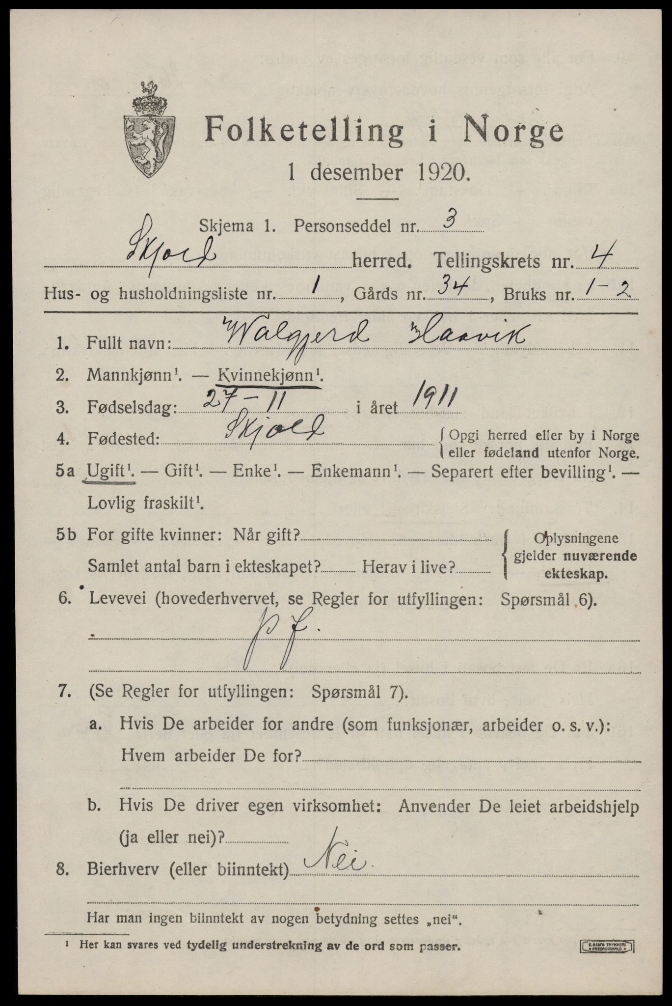 SAST, 1920 census for Skjold, 1920, p. 2350