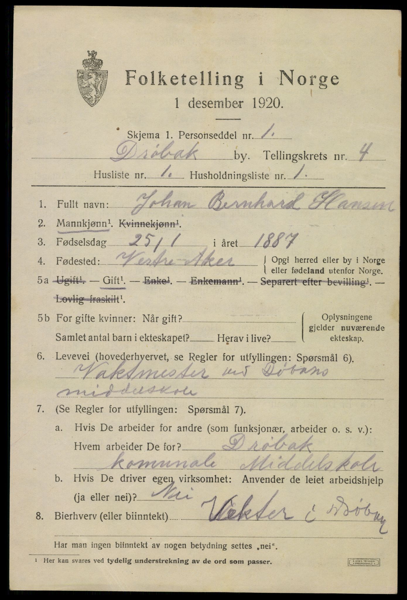 SAO, 1920 census for Drøbak, 1920, p. 4067