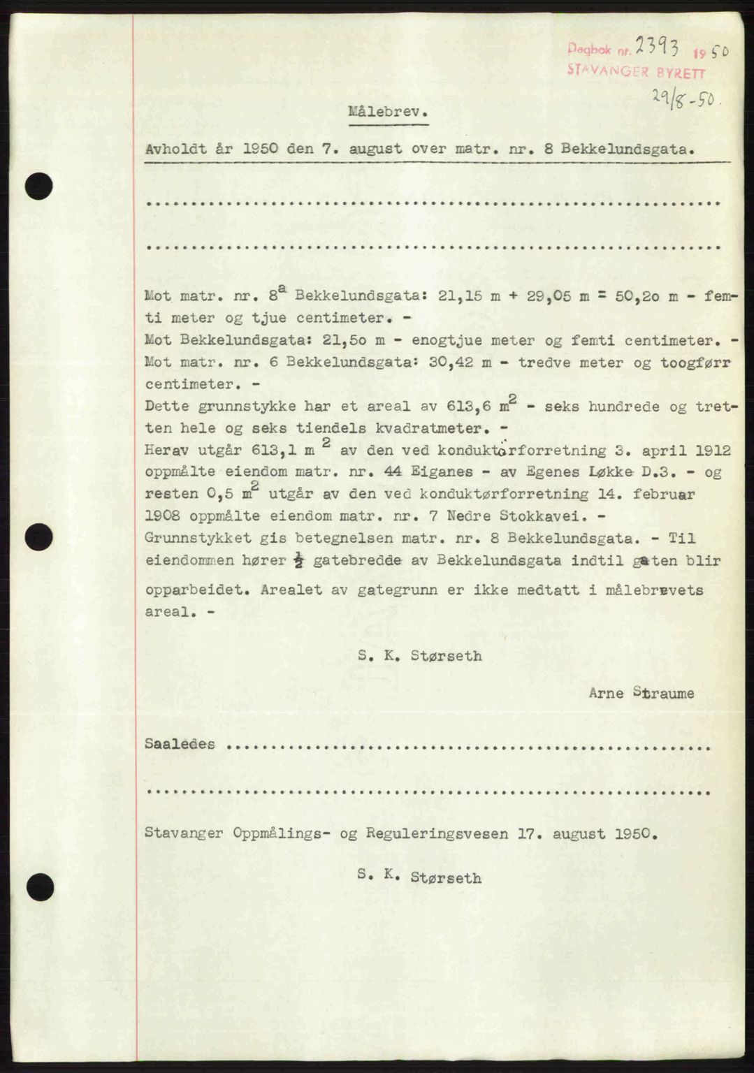 Stavanger byrett, SAST/A-100455/002/G/Gb/L0024: Mortgage book no. A13, 1949-1950, Diary no: : 2393/1950