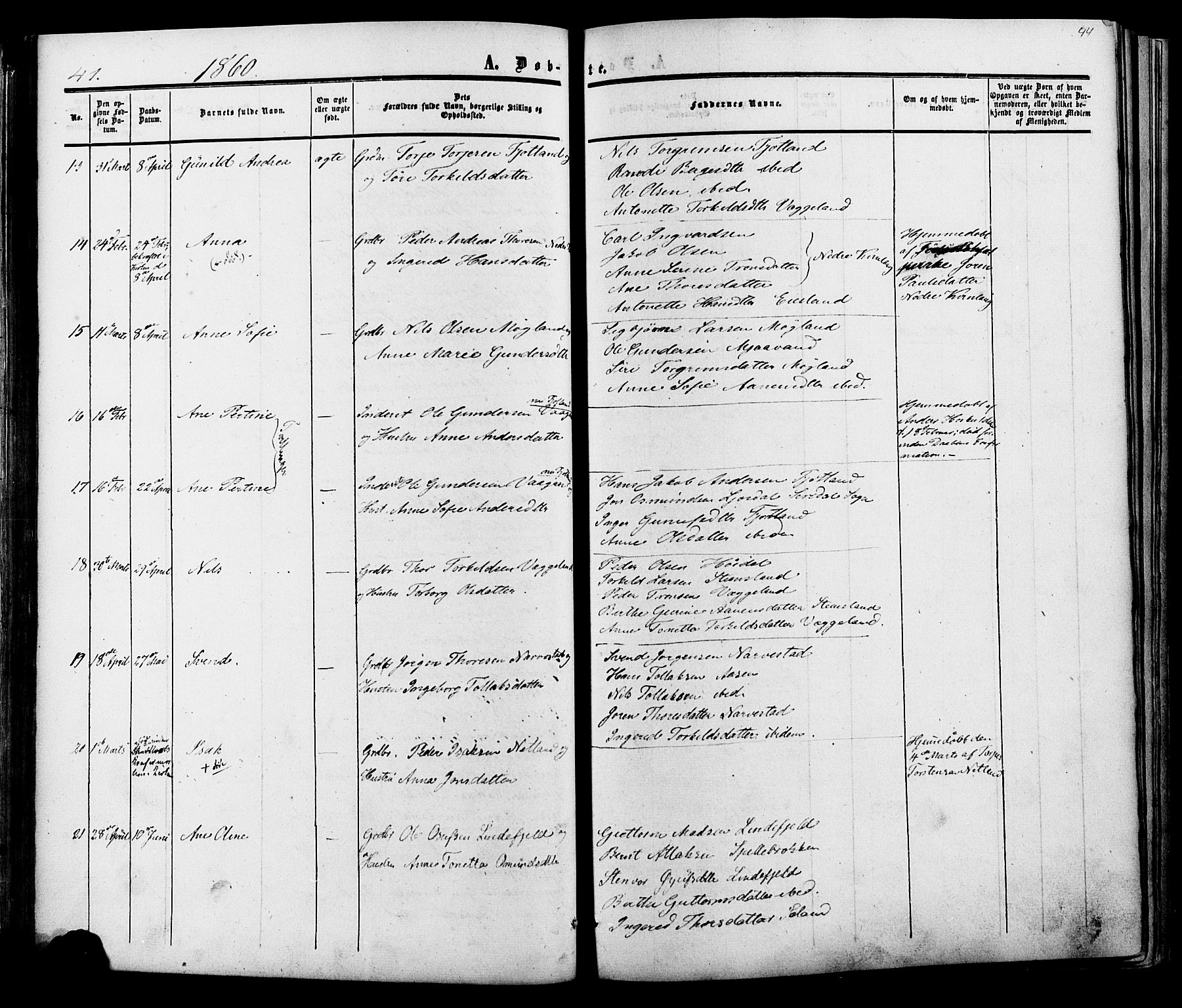 Fjotland sokneprestkontor, AV/SAK-1111-0010/F/Fa/L0001: Parish register (official) no. A 1, 1850-1879, p. 44