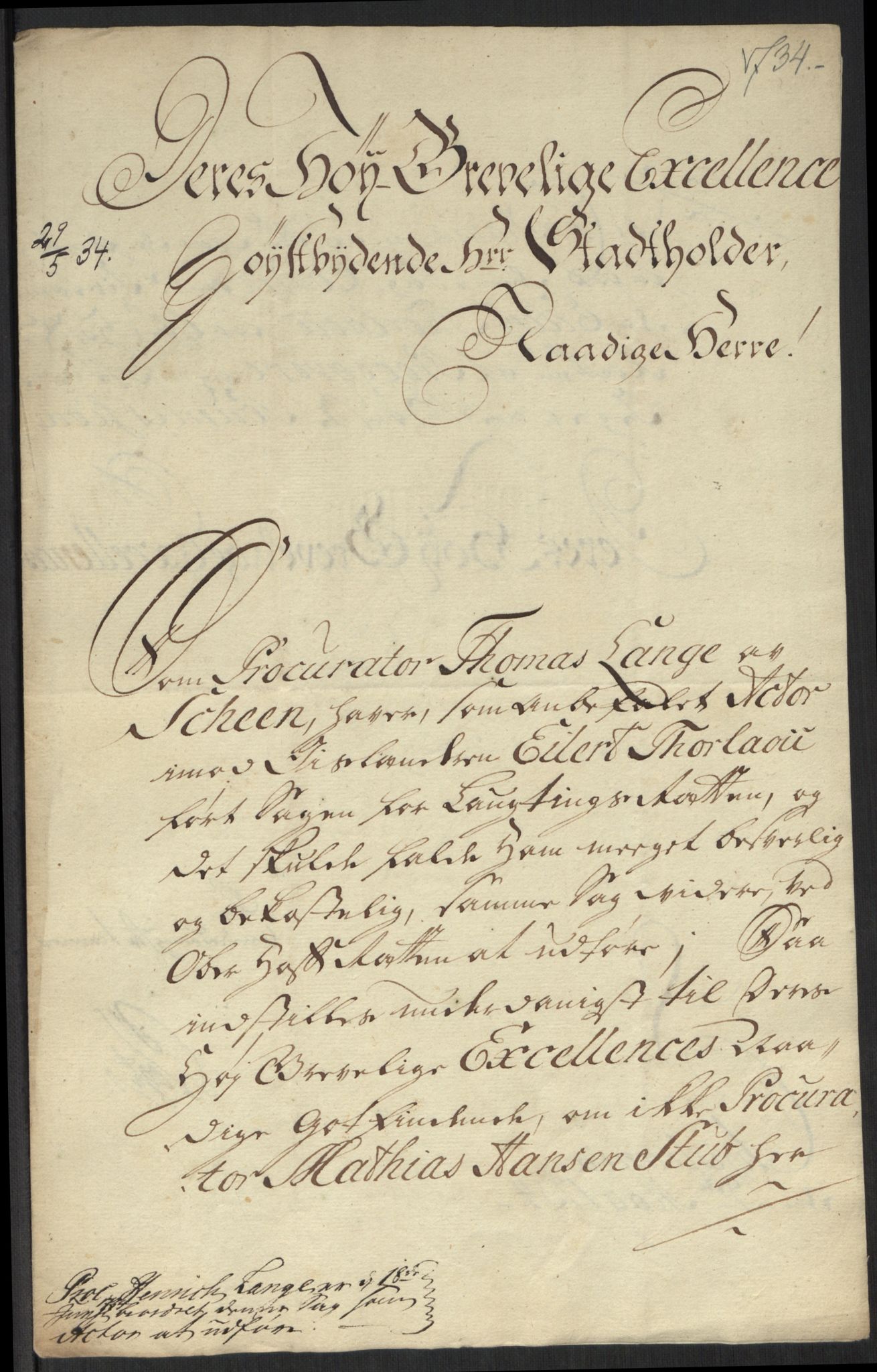 Stattholderembetet 1572-1771, AV/RA-EA-2870/Ef/L0107: Brev fra embetsmenn og andre, 1733-1734, p. 262