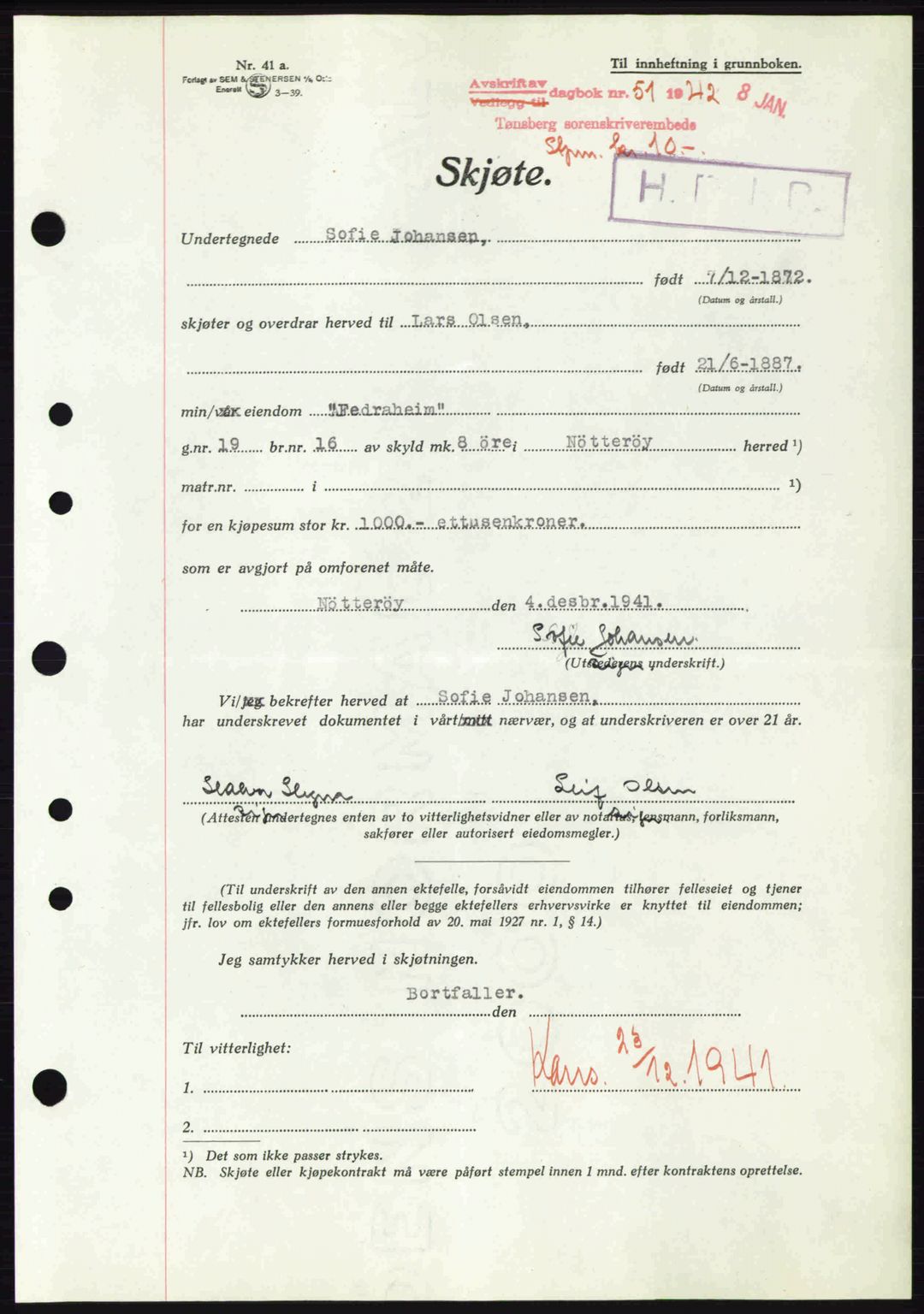 Tønsberg sorenskriveri, AV/SAKO-A-130/G/Ga/Gaa/L0011: Mortgage book no. A11, 1941-1942, Diary no: : 51/1942