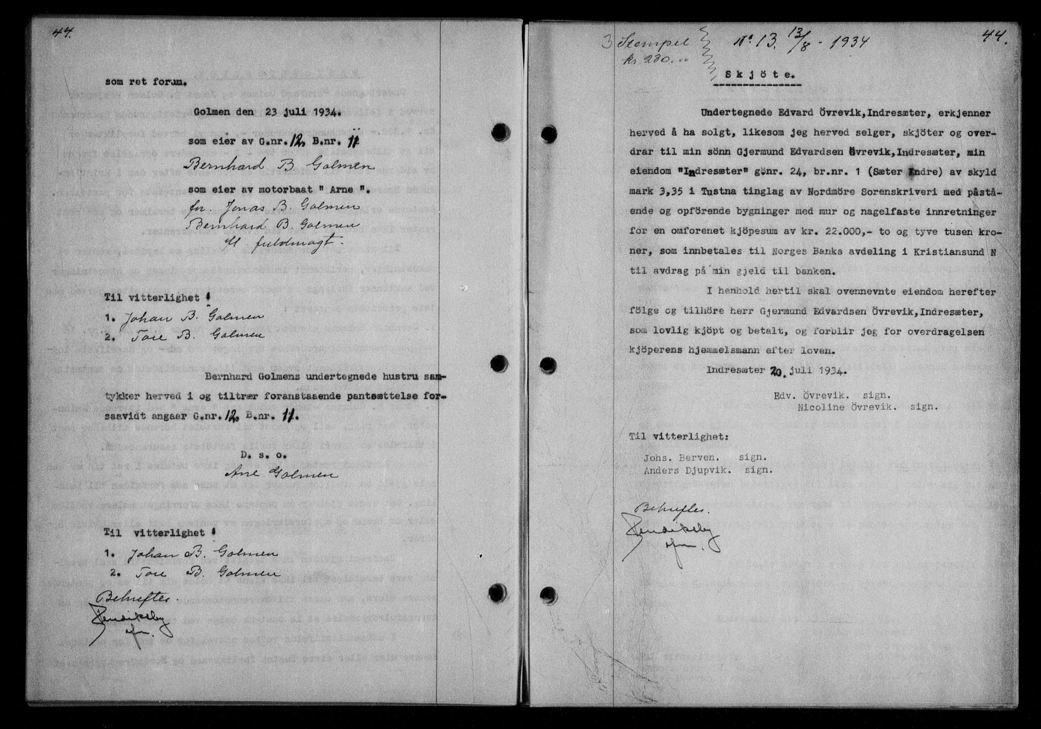 Nordmøre sorenskriveri, AV/SAT-A-4132/1/2/2Ca/L0082: Mortgage book no. 72, 1934-1934, Deed date: 13.08.1934