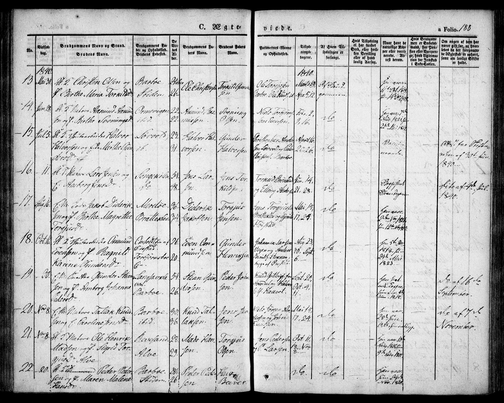 Tromøy sokneprestkontor, AV/SAK-1111-0041/F/Fa/L0004: Parish register (official) no. A 4, 1837-1846, p. 188