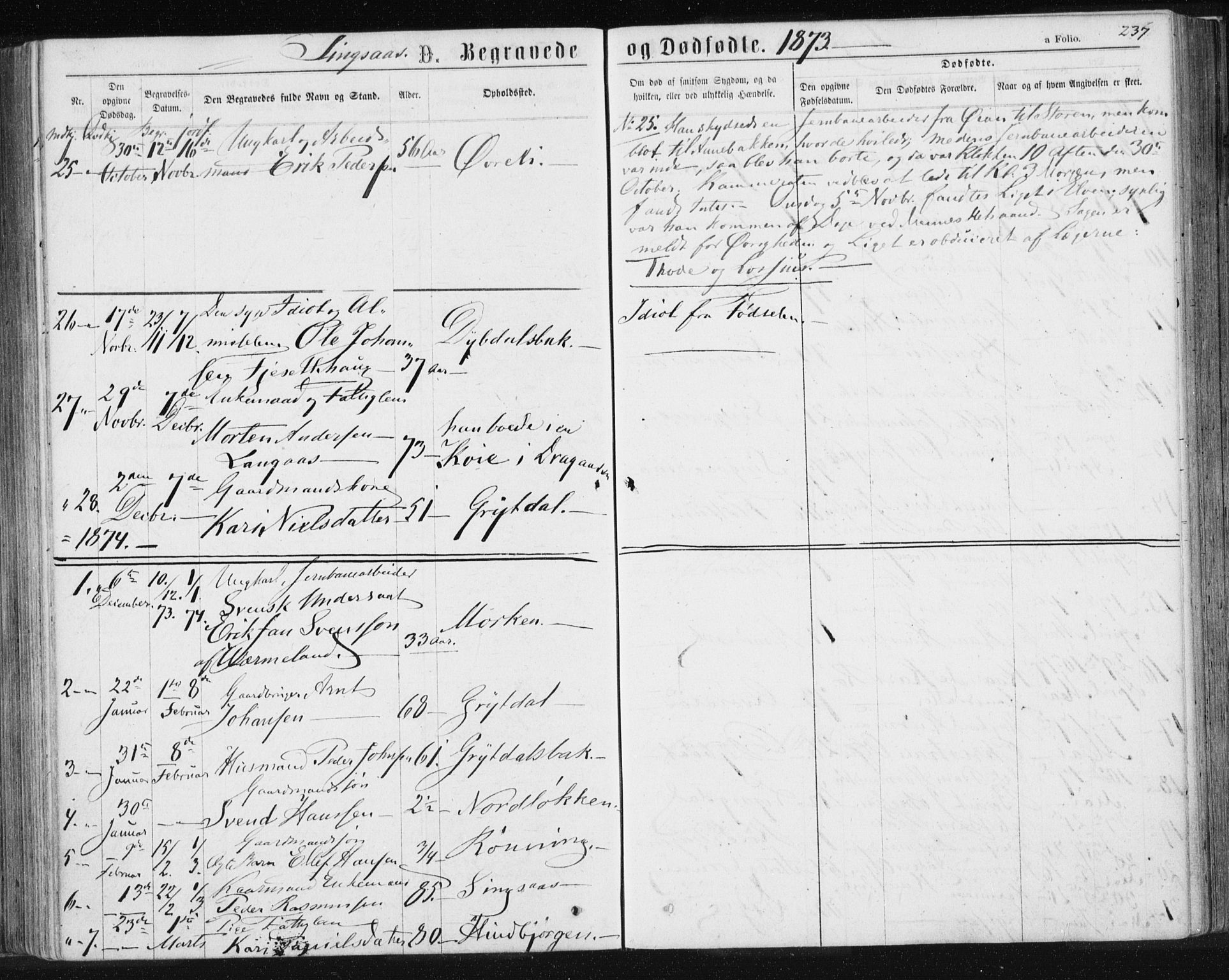 Ministerialprotokoller, klokkerbøker og fødselsregistre - Sør-Trøndelag, SAT/A-1456/685/L0970: Parish register (official) no. 685A08 /2, 1870-1878, p. 237