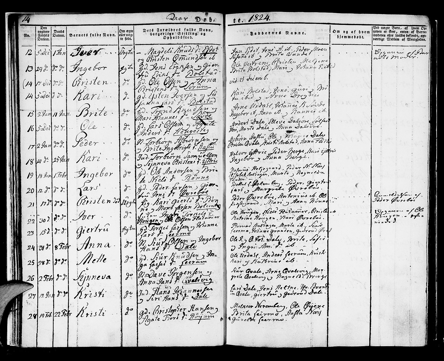 Luster sokneprestembete, SAB/A-81101/H/Haa/Haaa/L0004: Parish register (official) no. A 4, 1821-1832, p. 14