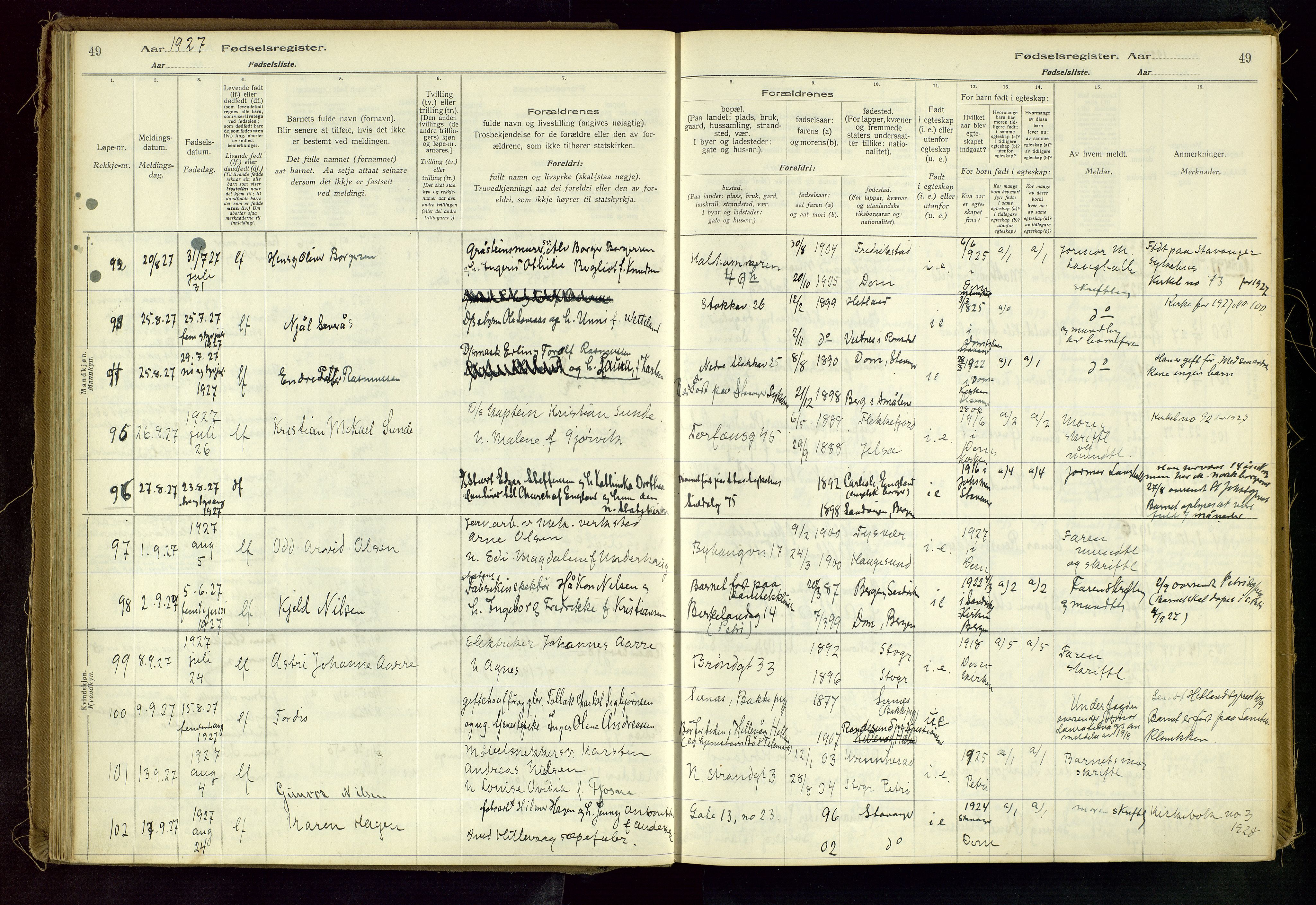 Domkirken sokneprestkontor, AV/SAST-A-101812/002/A/L0001: Birth register no. 1, 1925-1932, p. 49