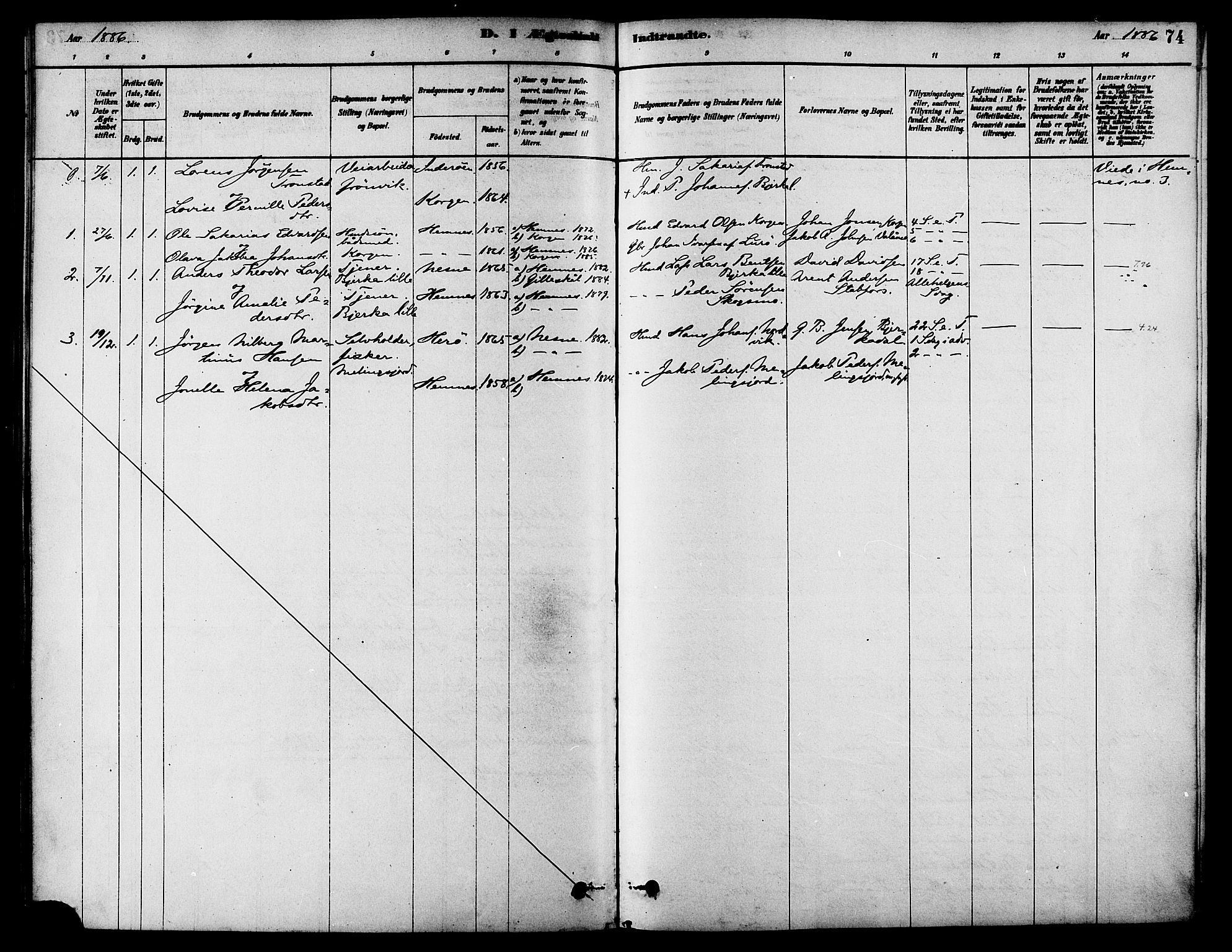 Ministerialprotokoller, klokkerbøker og fødselsregistre - Nordland, AV/SAT-A-1459/826/L0379: Parish register (official) no. 826A02, 1878-1895, p. 74