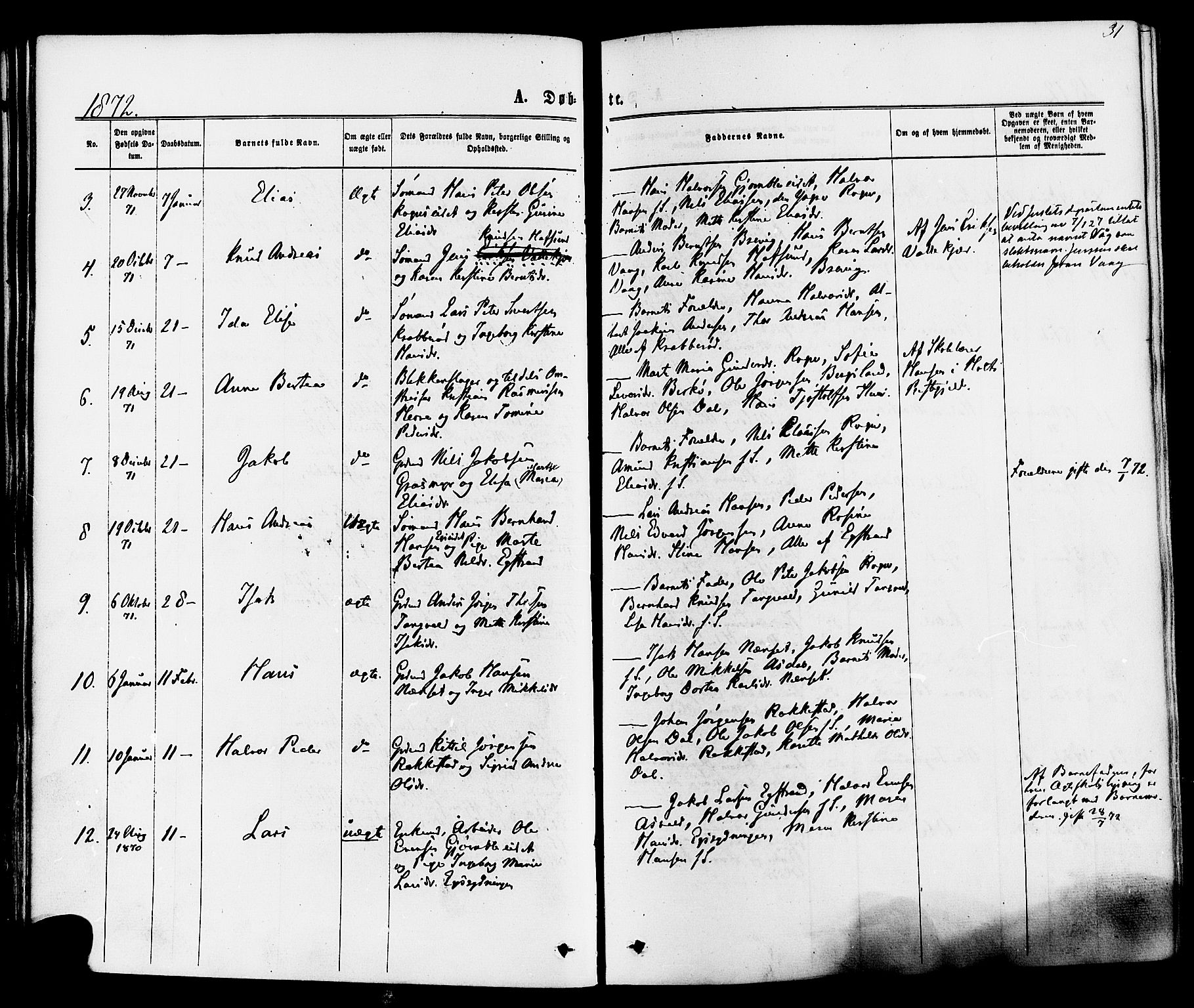 Bamble kirkebøker, SAKO/A-253/F/Fa/L0006: Parish register (official) no. I 6, 1869-1877, p. 31