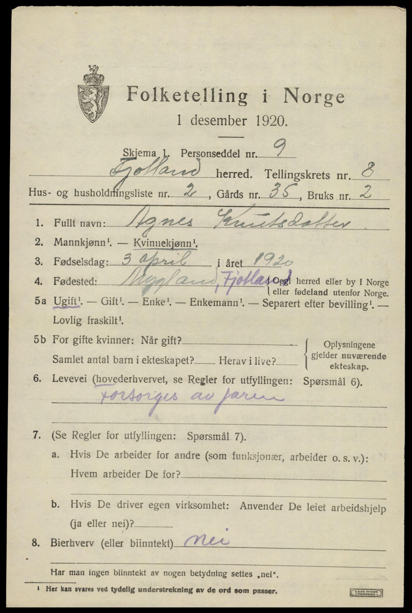 SAK, 1920 census for Fjotland, 1920, p. 2022