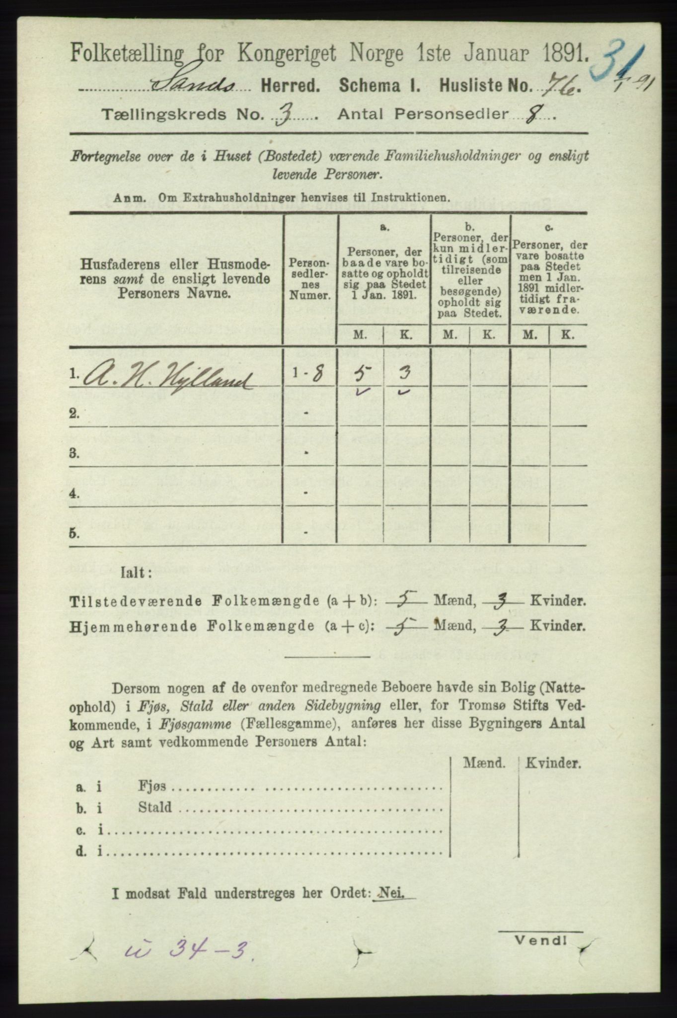 RA, 1891 census for 1136 Sand, 1891, p. 653