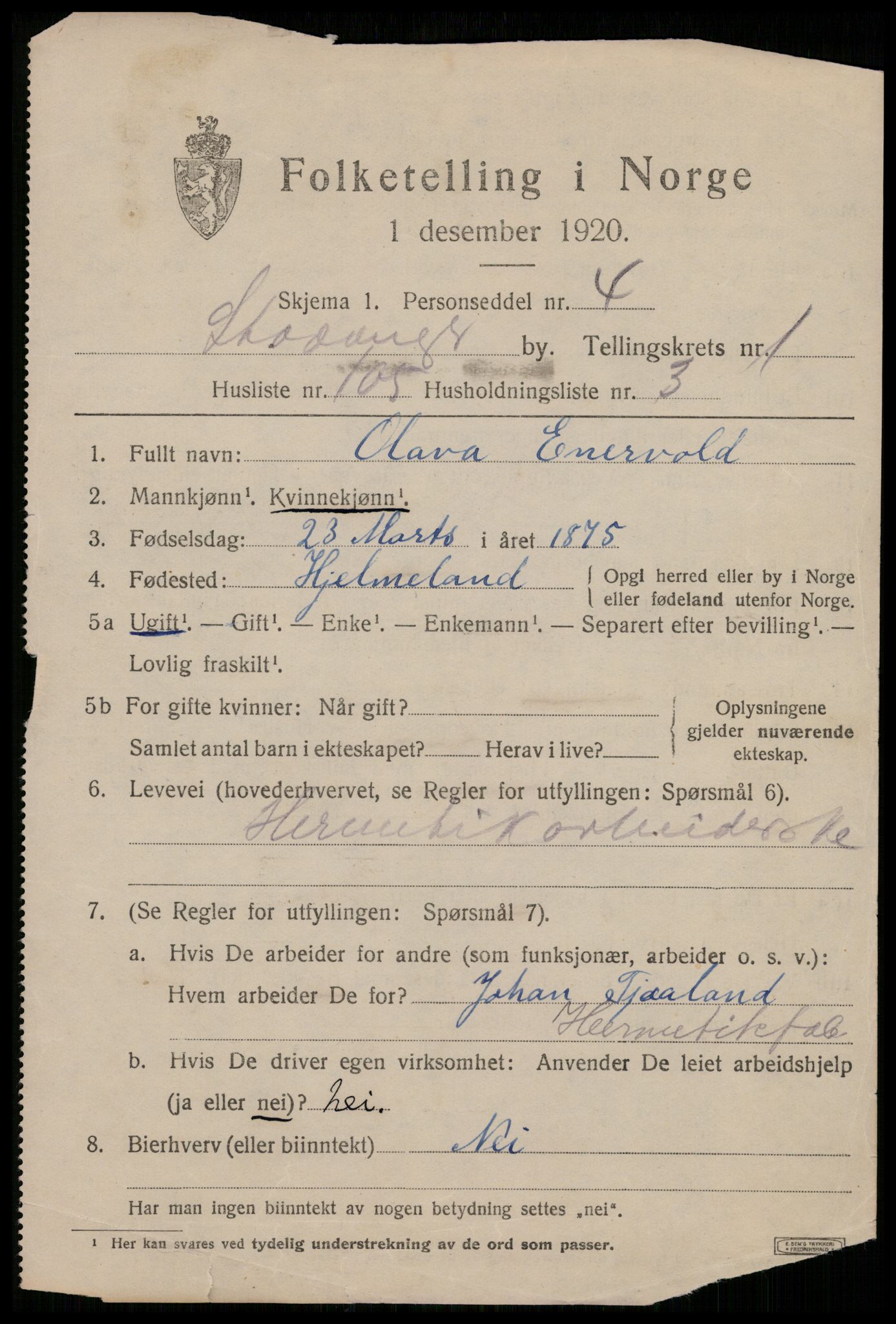 SAST, 1920 census for Stavanger, 1920, p. 34112