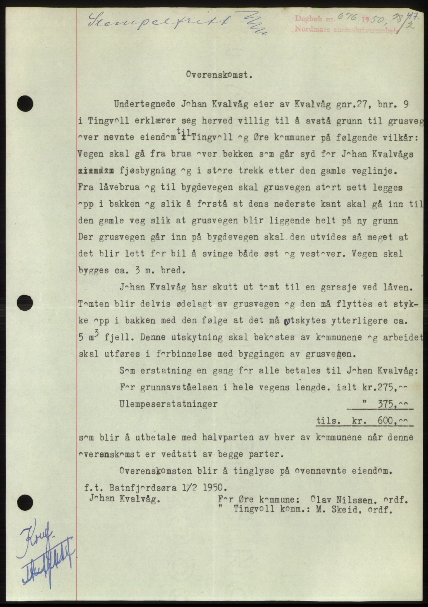 Nordmøre sorenskriveri, AV/SAT-A-4132/1/2/2Ca: Mortgage book no. B104, 1950-1950, Diary no: : 676/1950