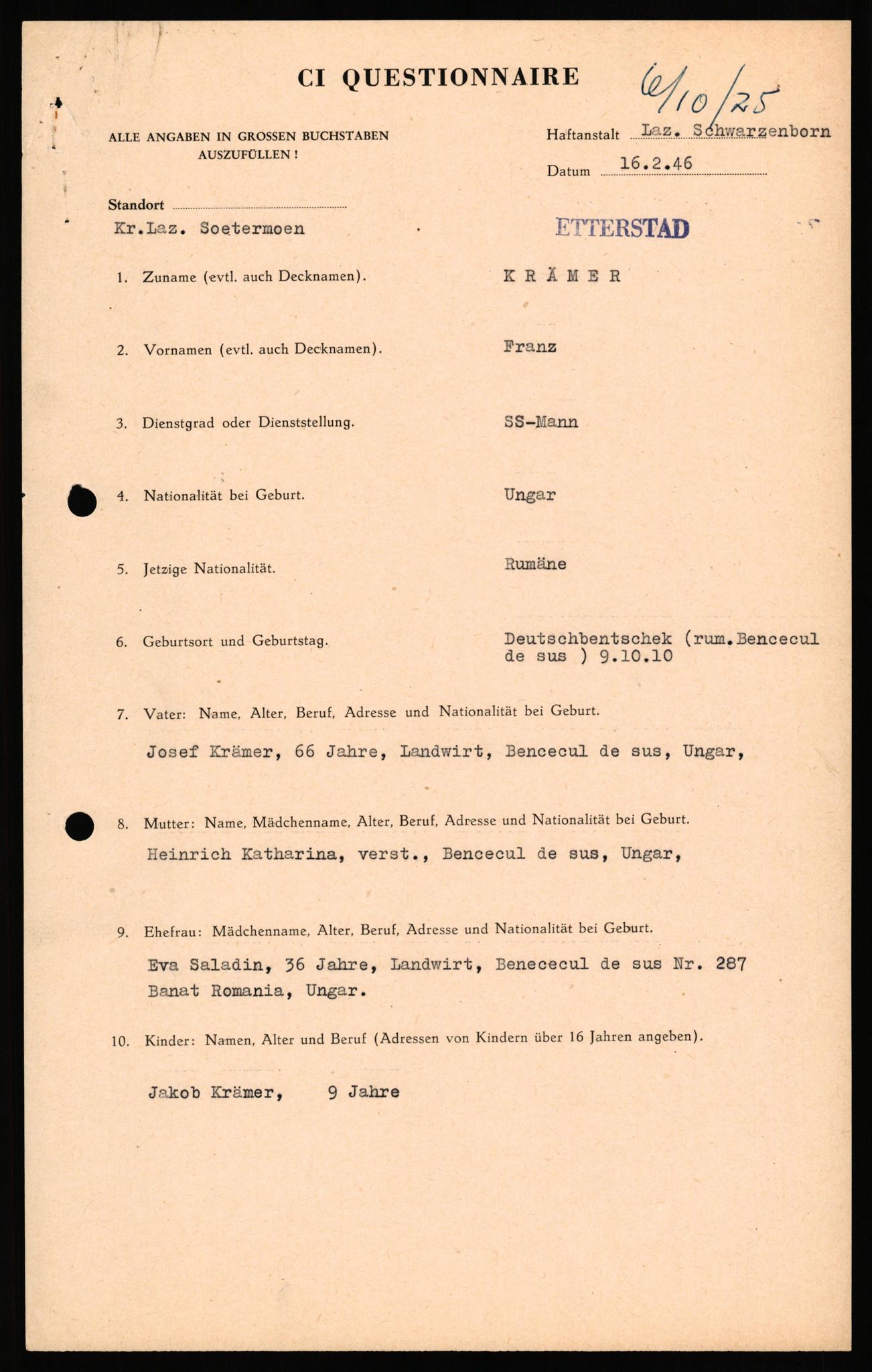 Forsvaret, Forsvarets overkommando II, AV/RA-RAFA-3915/D/Db/L0041: CI Questionaires.  Diverse nasjonaliteter., 1945-1946, p. 109