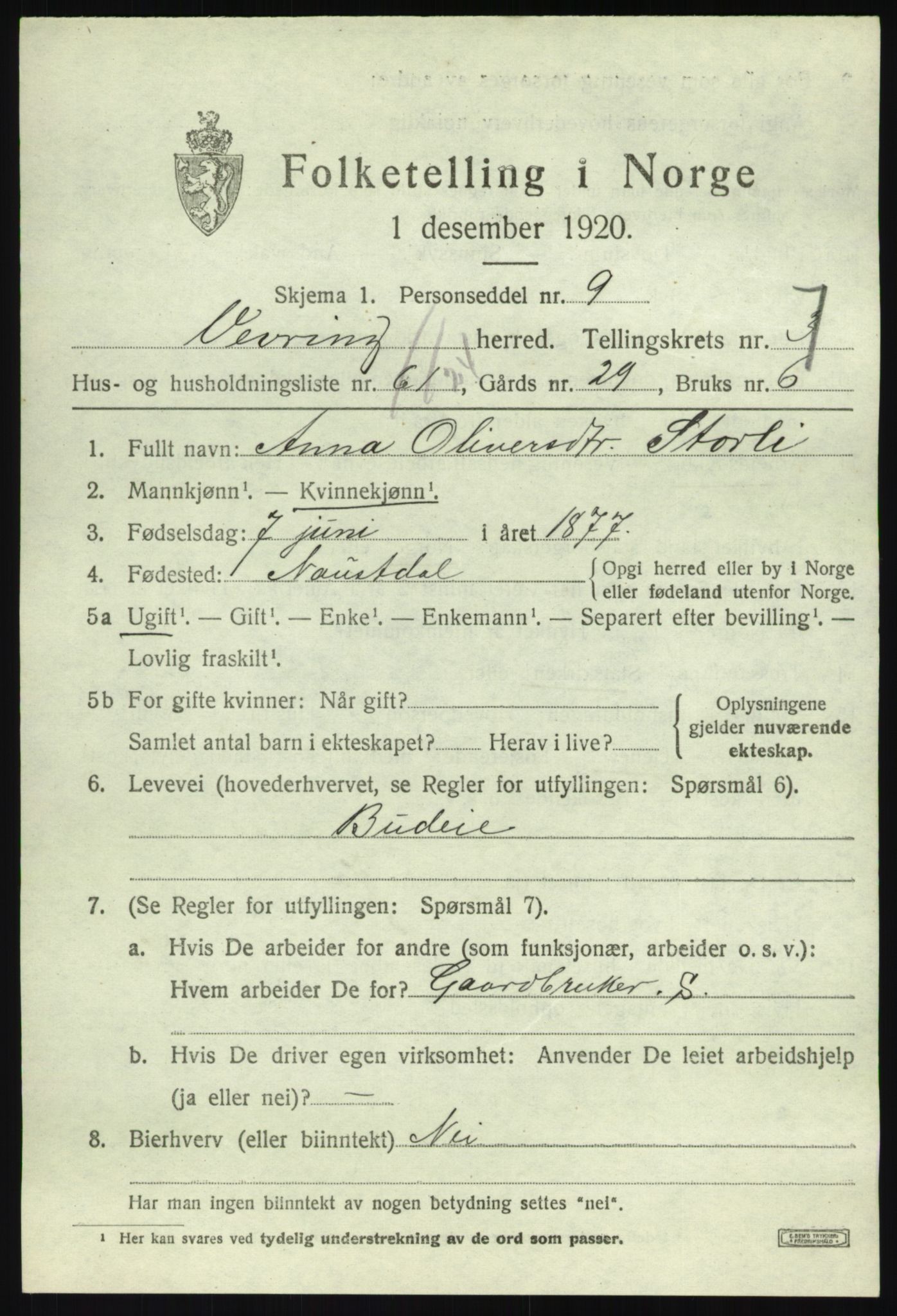 SAB, 1920 census for Vevring, 1920, p. 2242