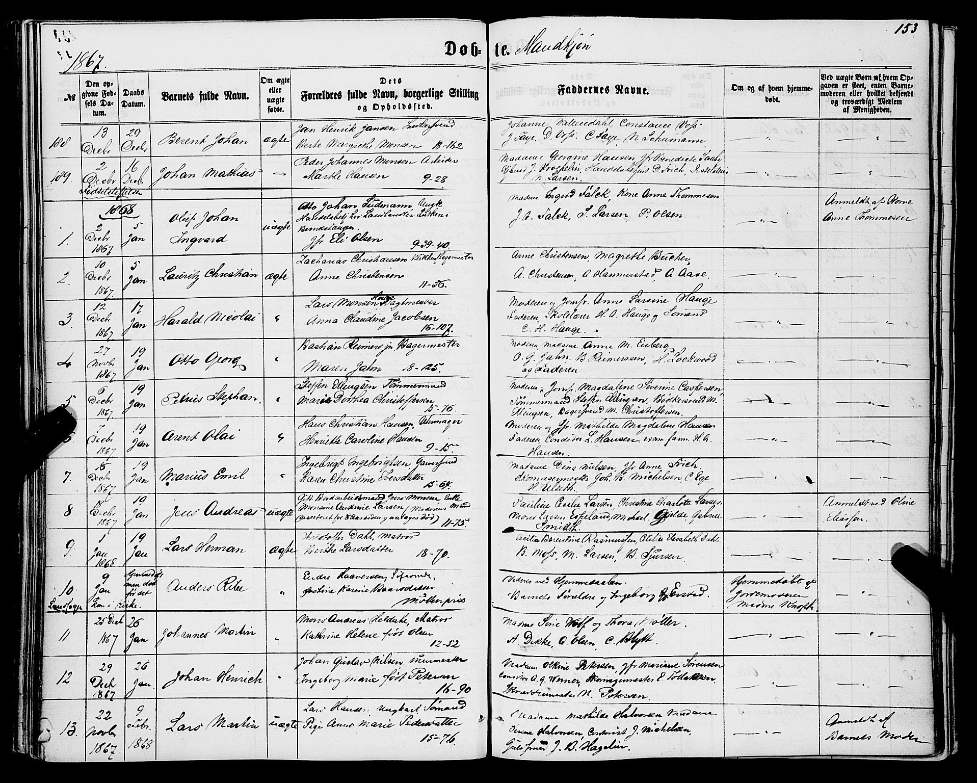 Domkirken sokneprestembete, SAB/A-74801/H/Haa/L0021: Parish register (official) no. B 4, 1859-1871, p. 153