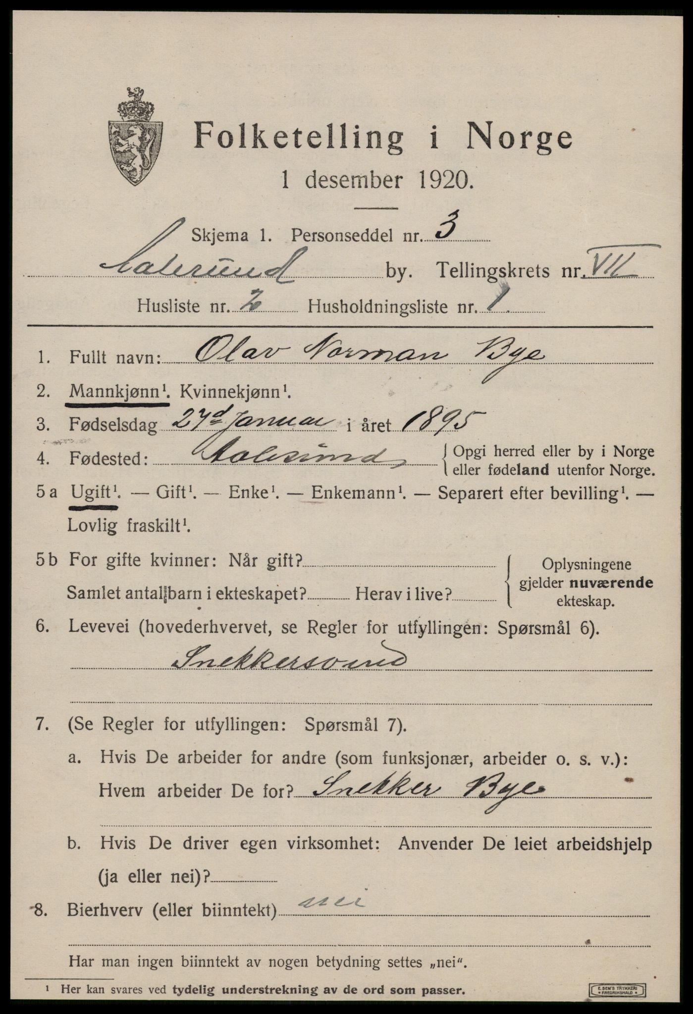 SAT, 1920 census for Ålesund, 1920, p. 19052