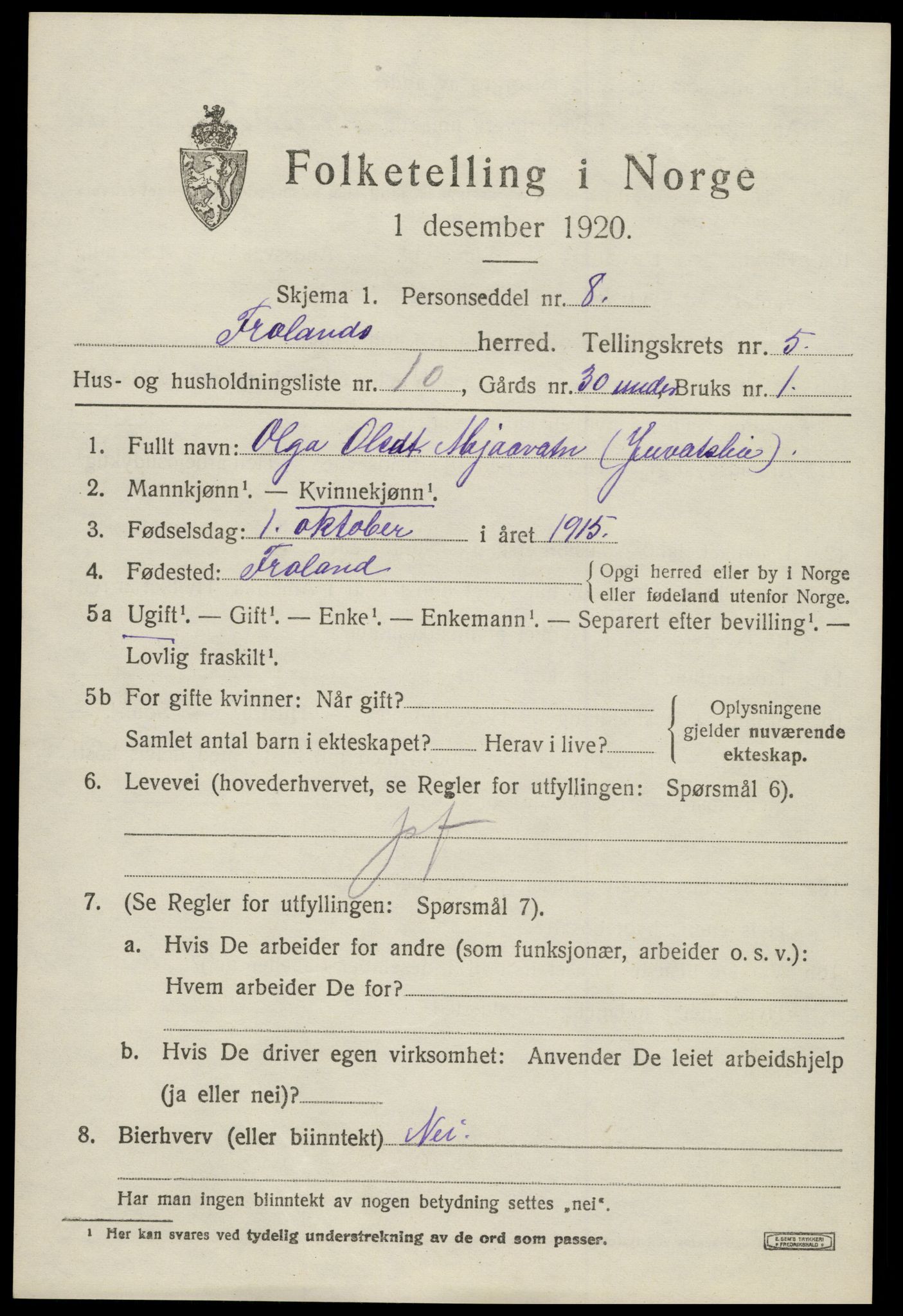 SAK, 1920 census for Froland, 1920, p. 3747