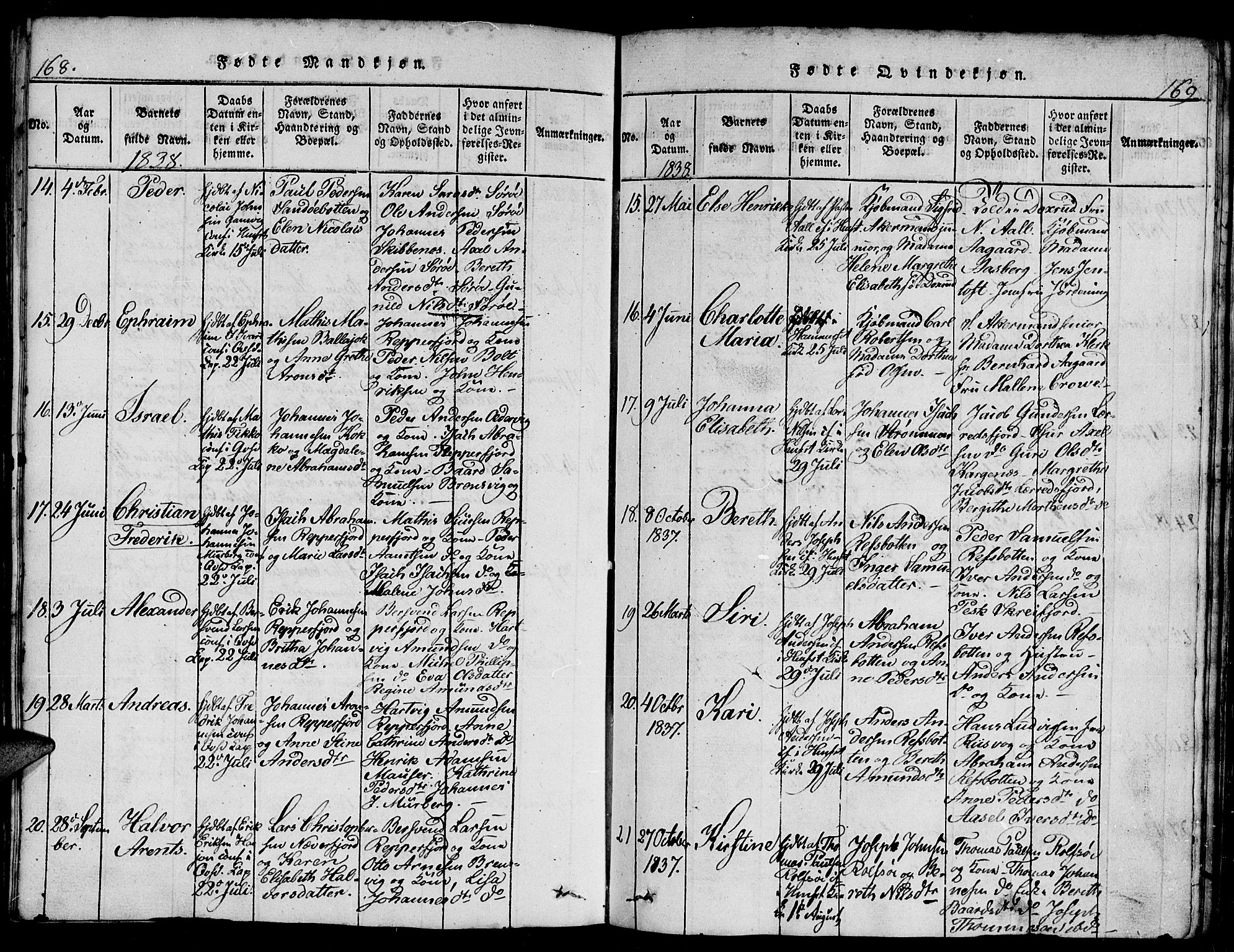 Hammerfest sokneprestkontor, AV/SATØ-S-1347/H/Hb/L0001.klokk: Parish register (copy) no. 1, 1822-1850, p. 168-169