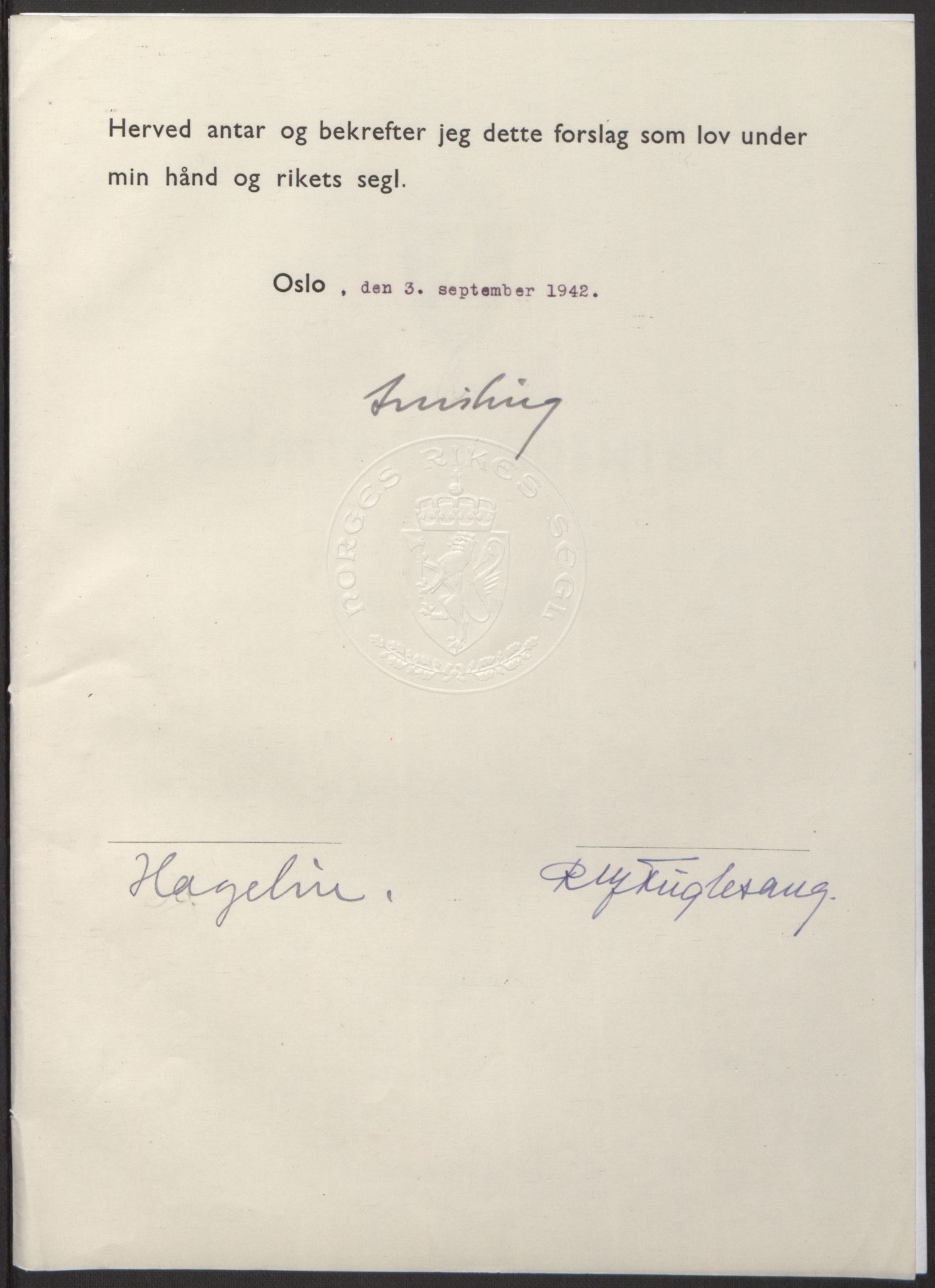 NS-administrasjonen 1940-1945 (Statsrådsekretariatet, de kommisariske statsråder mm), RA/S-4279/D/Db/L0098: Lover II, 1942, p. 344