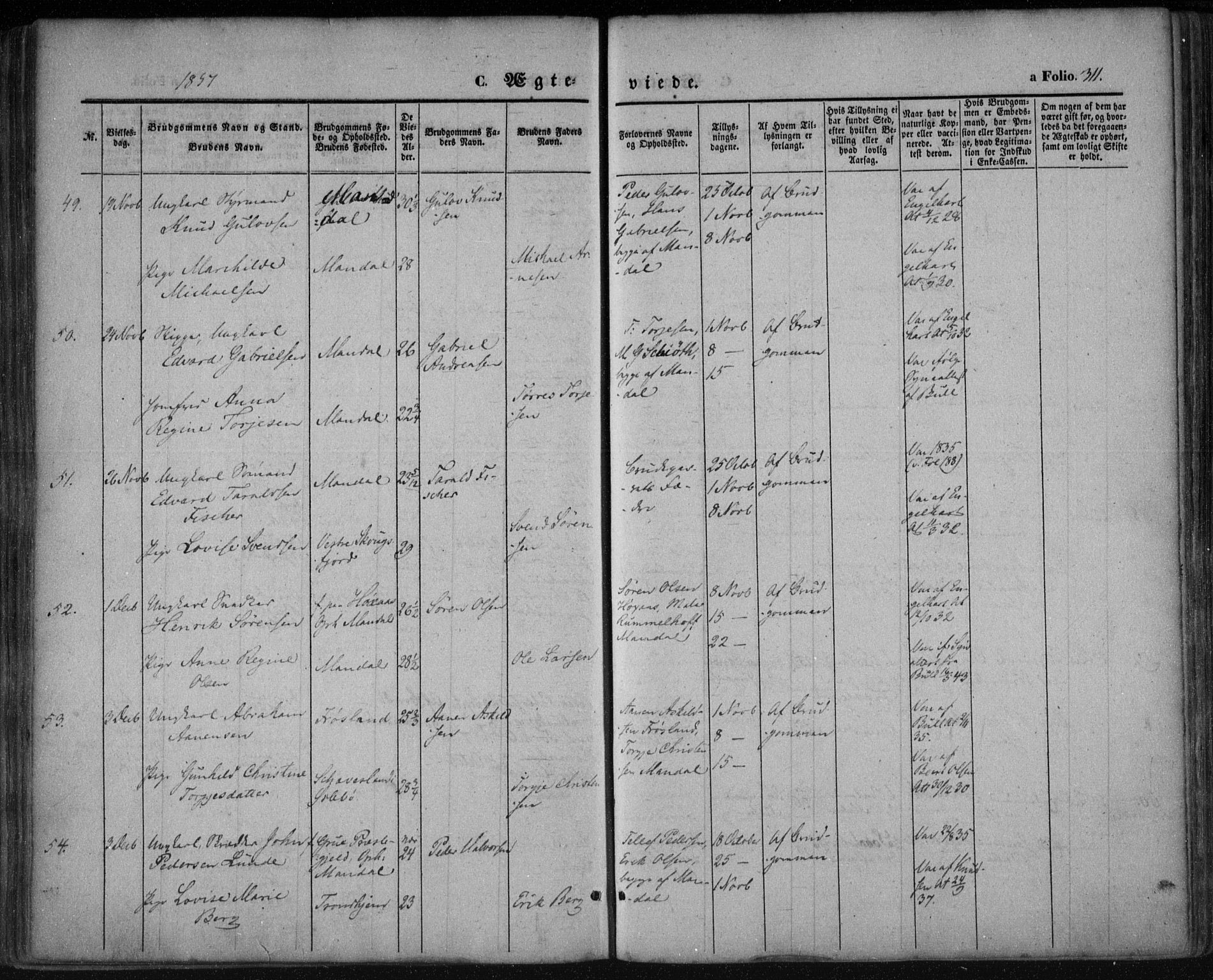 Mandal sokneprestkontor, SAK/1111-0030/F/Fa/Faa/L0013: Parish register (official) no. A 13, 1847-1859, p. 311