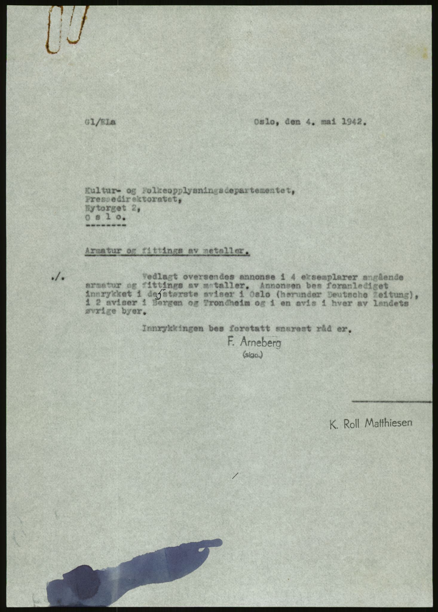 Direktoratet for industriforsyning, Sekretariatet, AV/RA-S-4153/D/Df/L0054: 9. Metallkontoret, 1940-1945, p. 1431